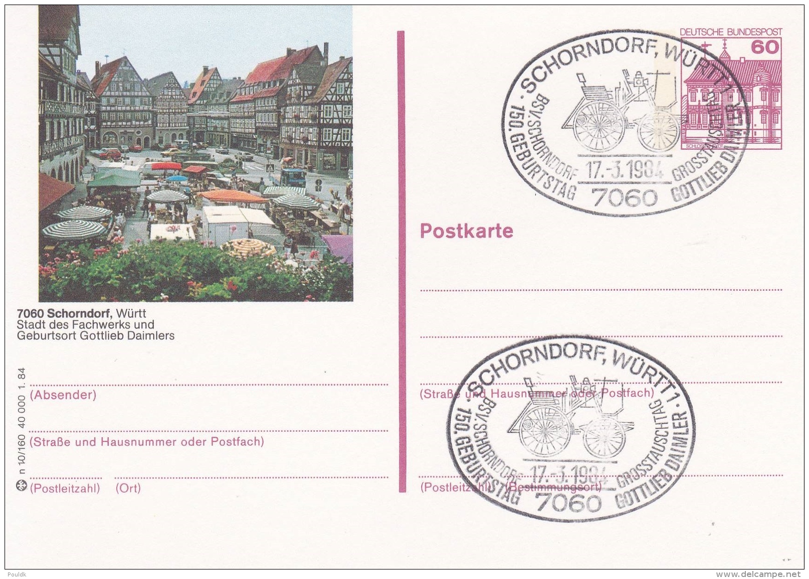 Germany Postal Stationary P/m Schorndorf, Würrt 1984 Gottlieb Daimler (T8A21) - Autos