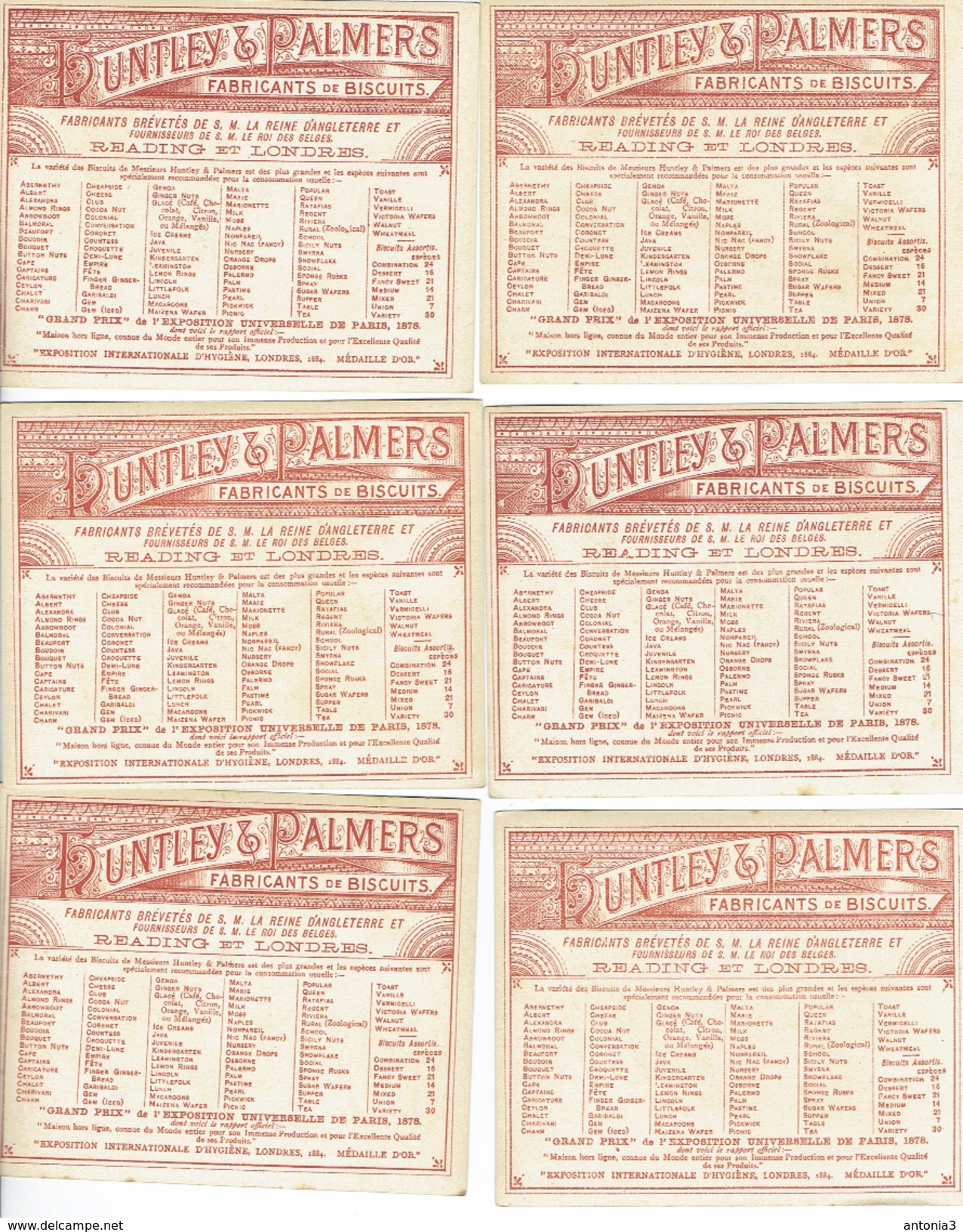 Chromos Huntley Et Palmers. Fabricants De Biscuits. Reading Et Londres. Grand Prix De Paris 1878.  Lot De 6. **** - Autres & Non Classés