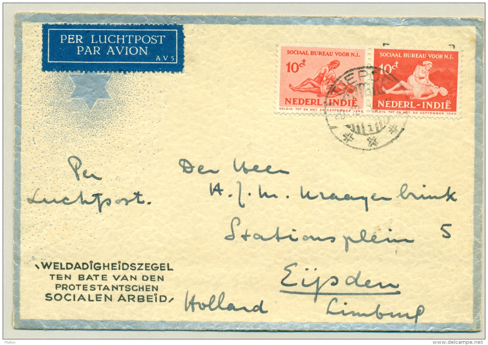 Nederlands Indië - 1939 - 10 Cent Sociaal Bureau In Paar Op Siercover Van LB TJEPOE/1 Naar Eijsden / Nederland - Nederlands-Indië