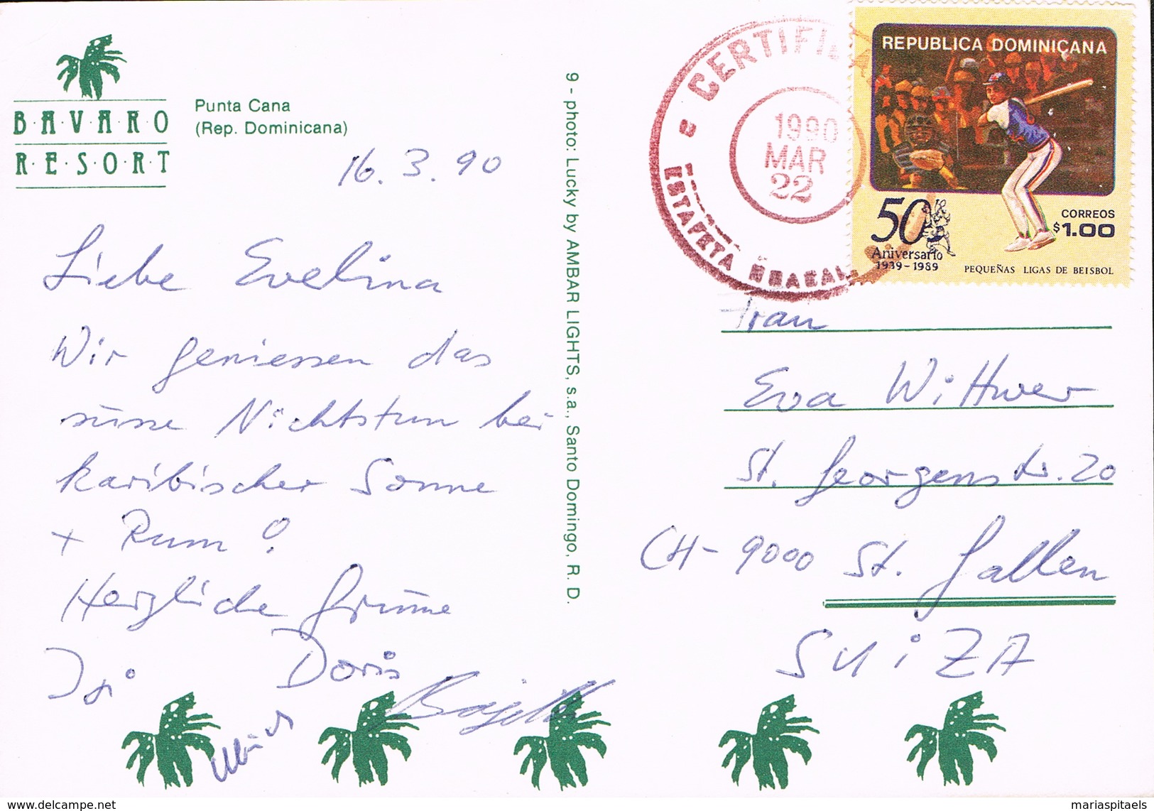 Dominica 1990  Postal Card - St Gallen (Switzerland) - 50th Anniversary Baseball - Dominica (1978-...)