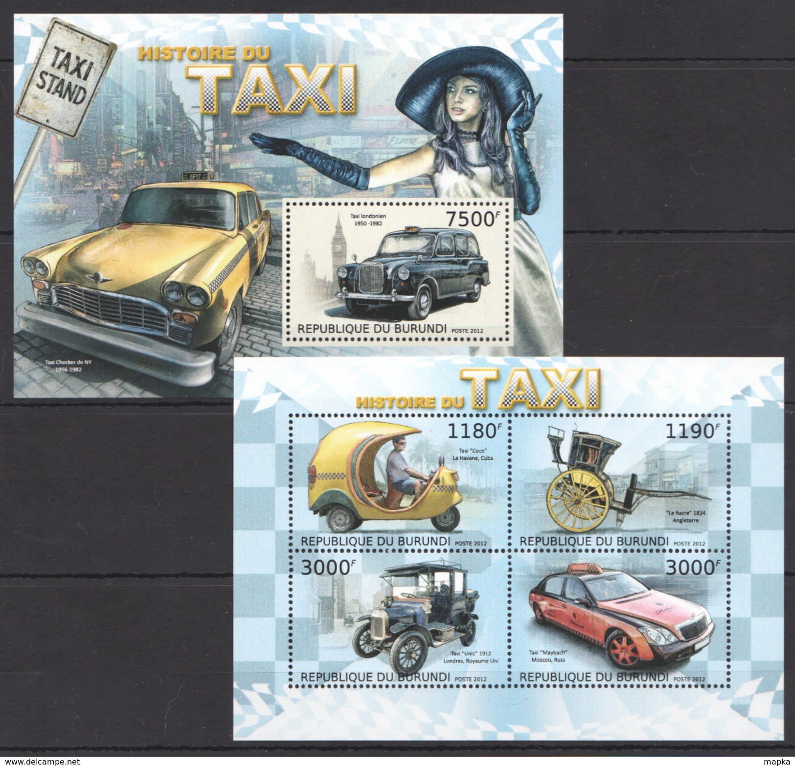 A157 2012 BURUNDI TRANSPORTATION CARS HISTOIRE DU TAXI 1KB+1BL MNH - Autos