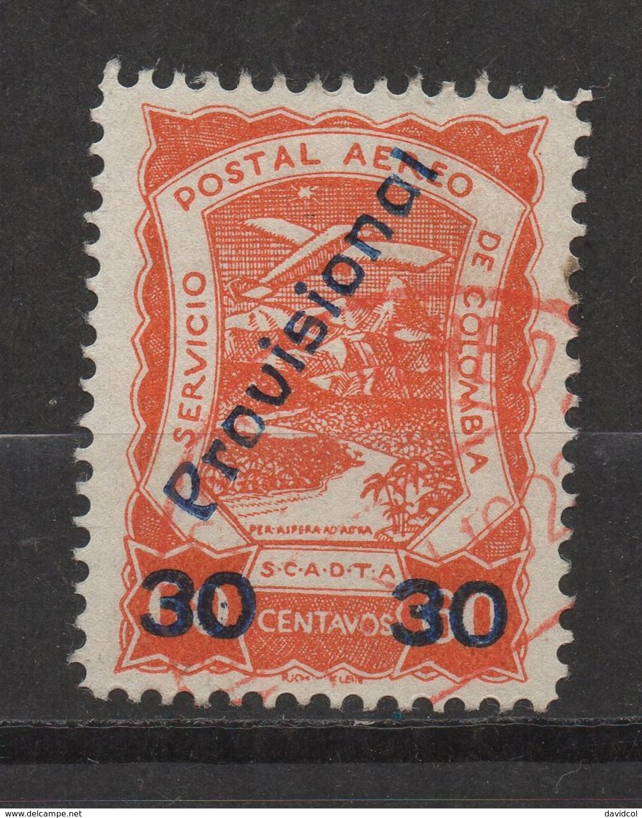 A479.-. KOLUMBIEN . 1923 . SCADTA . MI#: 42 - USED - OVERPRINED " PROVISIONAL " - SURCHARGE 30 CVS. / 60 CVS. CV: 40 EUR - Kolumbien