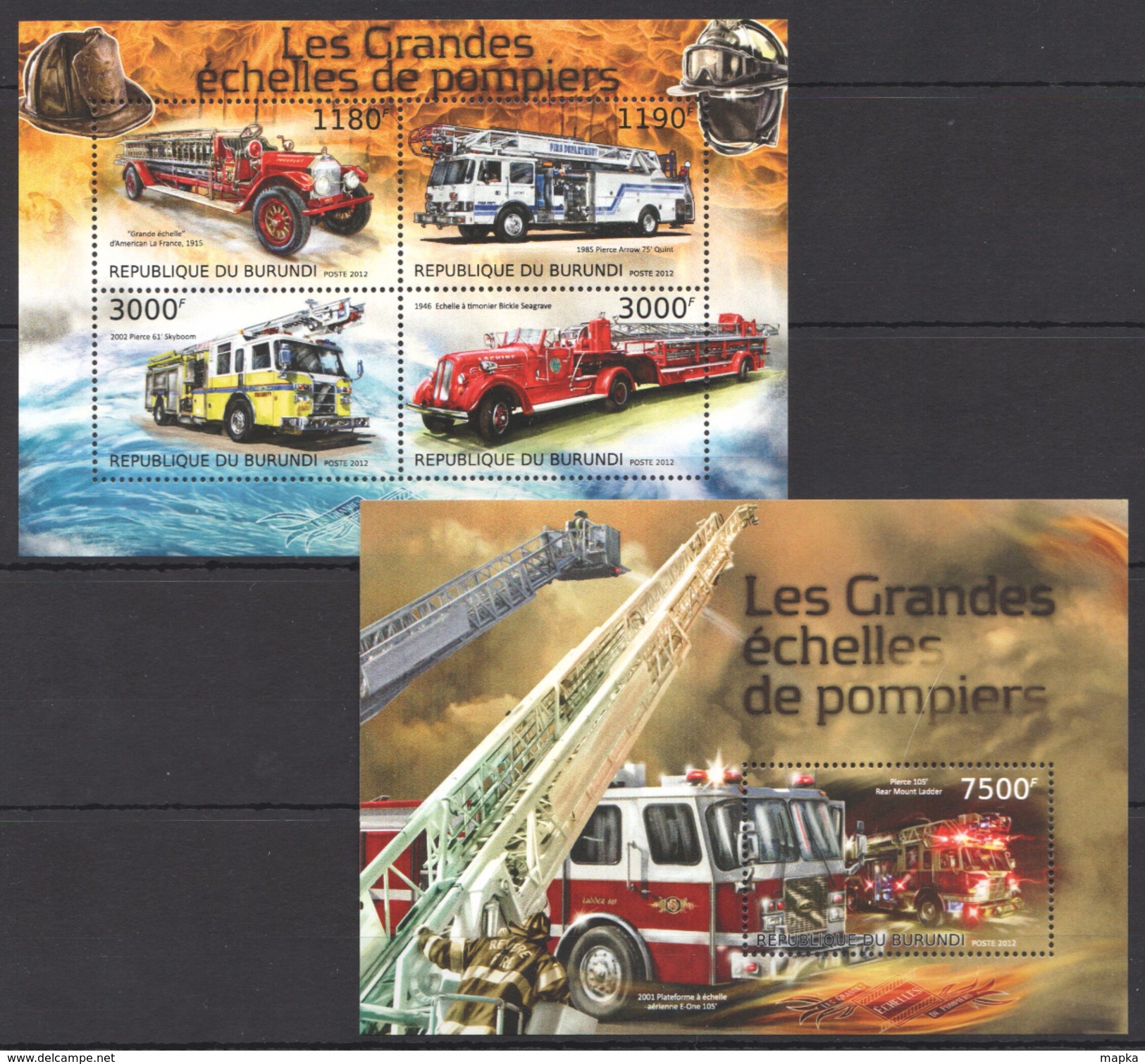 A176 2012 BURUNDI FIRE TRUCKS LES GRANDES ECHELLES DE POMPIERS 1KB+1BL MNH - LKW