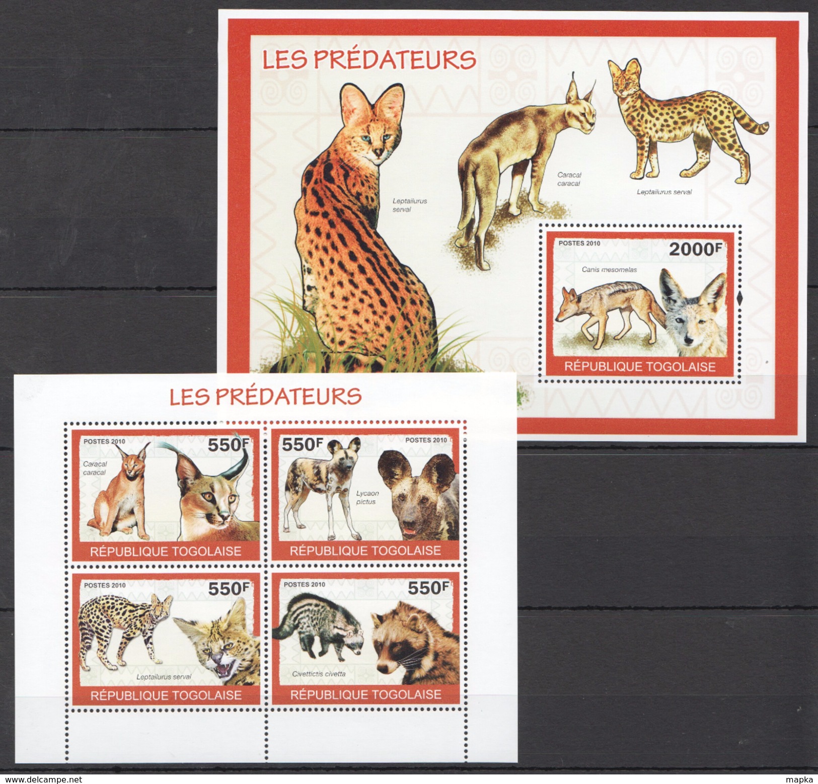 B83 2010 TOGOLAISE FAUNA ANIMALS LES PREDATEURS 1KB+1BL MNH - Raubkatzen