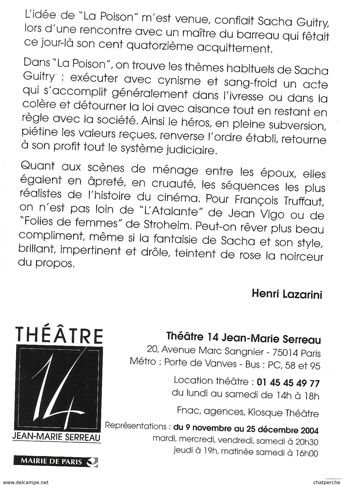SPECTACLE THEATRE   LA POISON ILLUSTRATEUR LEO KOUPEUR POMME COUTEAU  THEATRE 14 J-M SERREAU PARIS - Theater