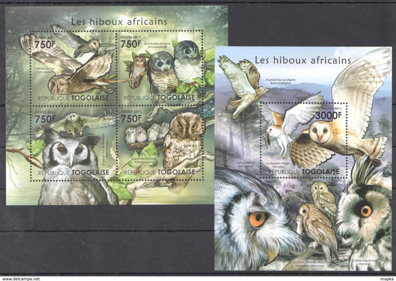 B94 2011 TOGOLAISE FAUNA BIRDS OWLS LES HIBOUX AFRICAINS KB+BL MNH - Eulenvögel