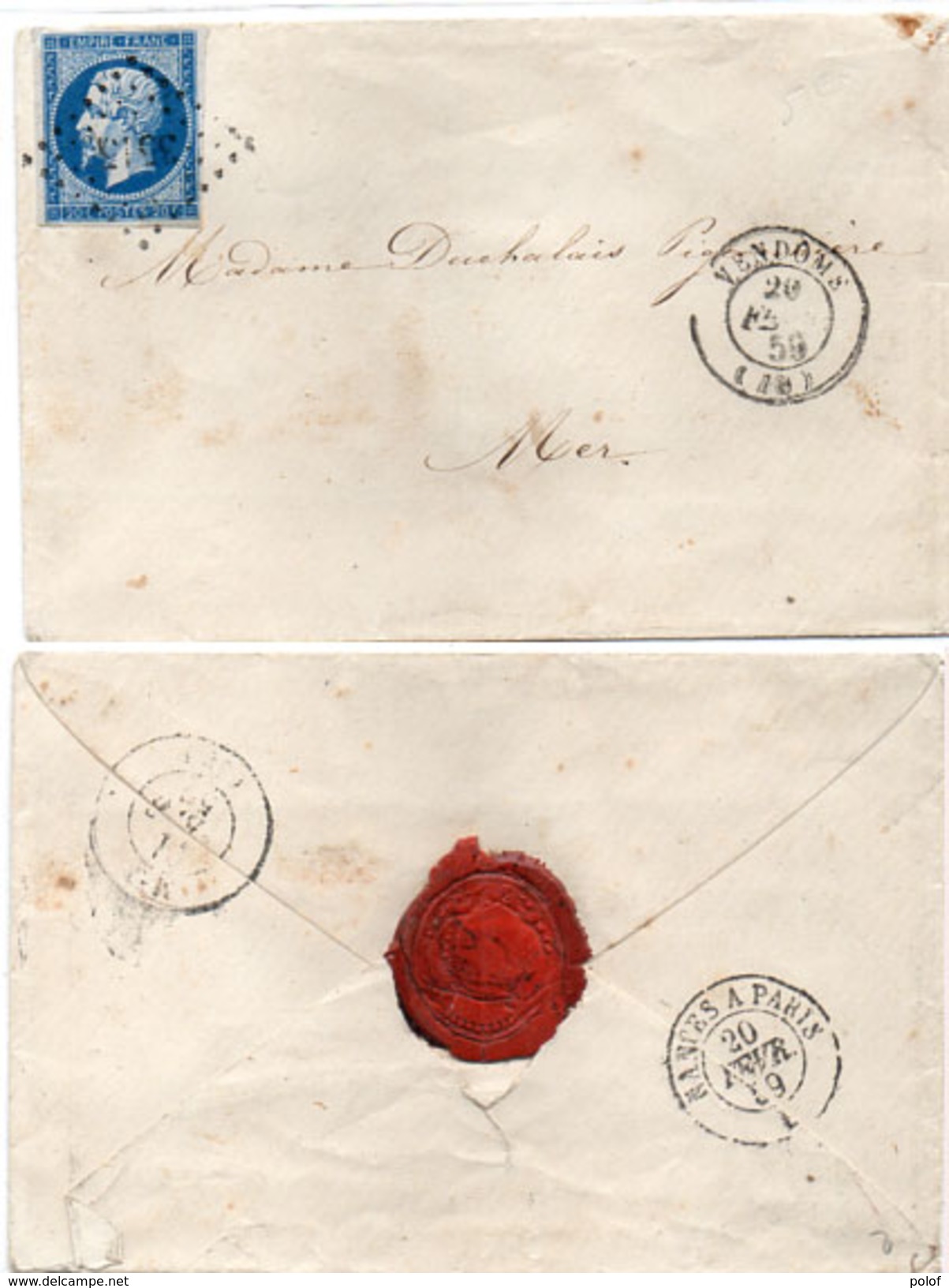Enveloppe Adressée De VENDOME A MER En 1859 - PC 3515 Sur Yvert 14 - Cachet De Cire  (95477) - 1849-1876: Klassik