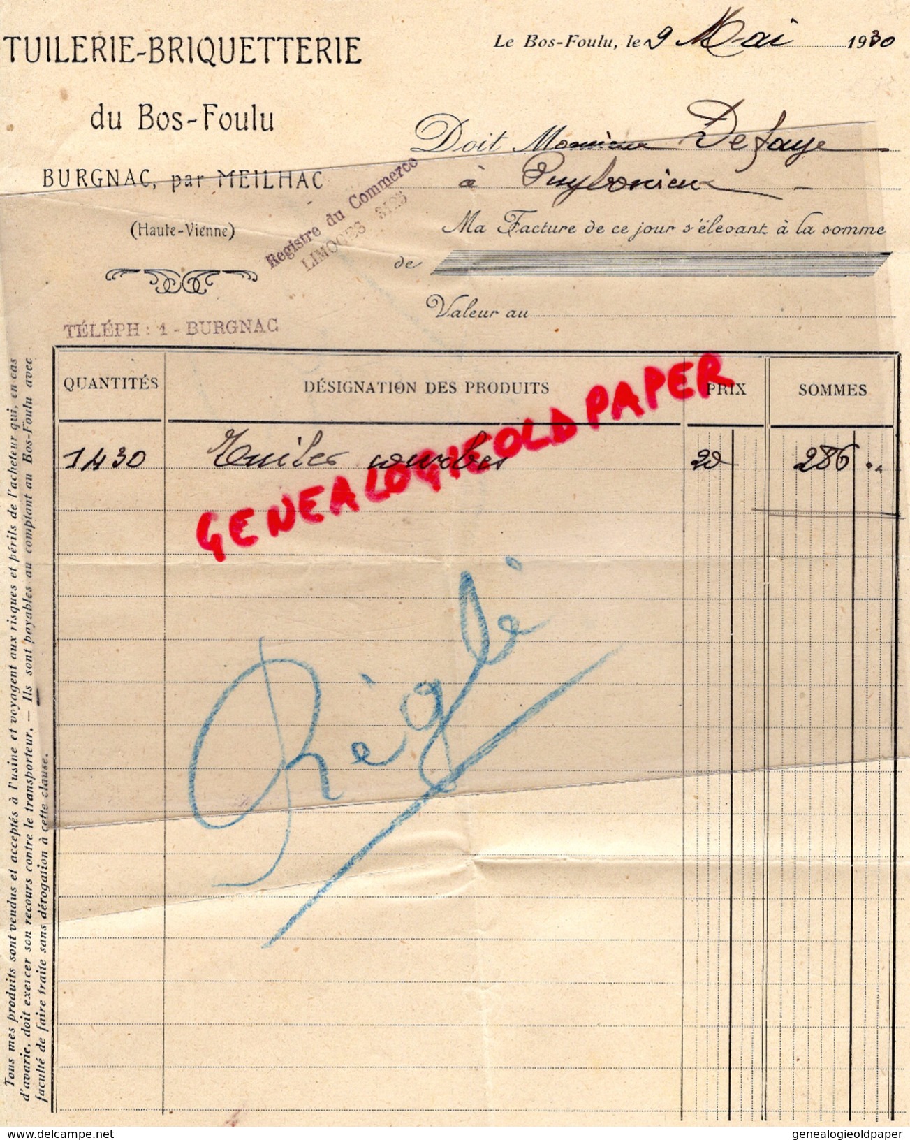 87 - BURGNAC PAR MEILHAC - FACTURE TUILERIE BRIQUETTERIE DU BOS FOULU- 1930 A M. DEFAYE A PUYBONIEUX - 1900 – 1949
