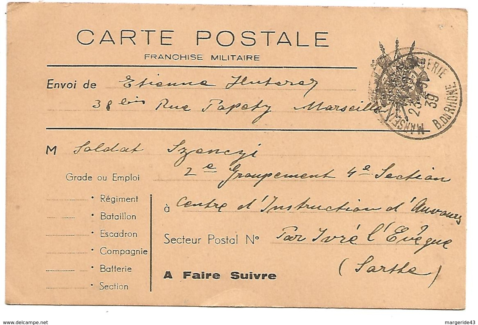 CARTE EN FRANCHISE ECRITE 1939 - Briefe U. Dokumente