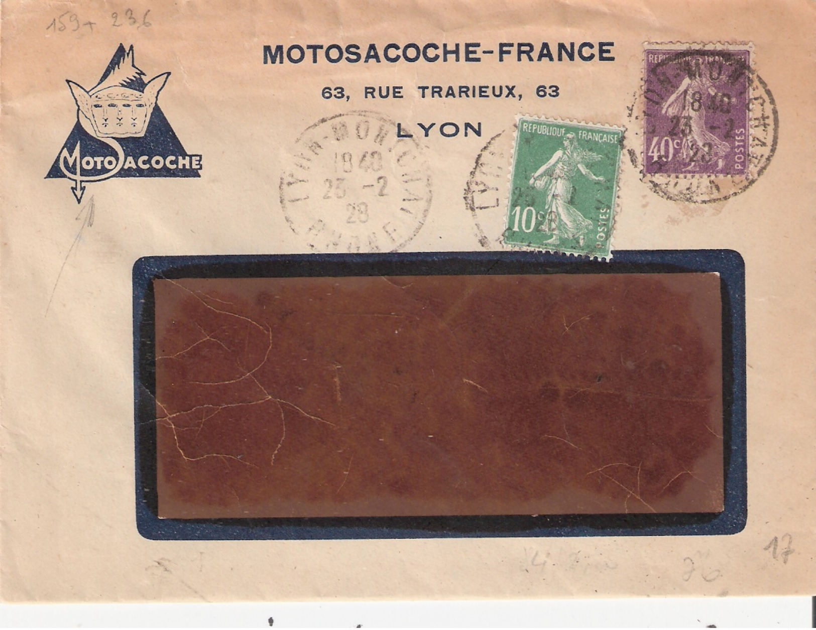 10c. Et 40c. Semeuse Camée Sur Lettre En Tete MOTOSACOCHE à LYON - 1921-1960: Moderne