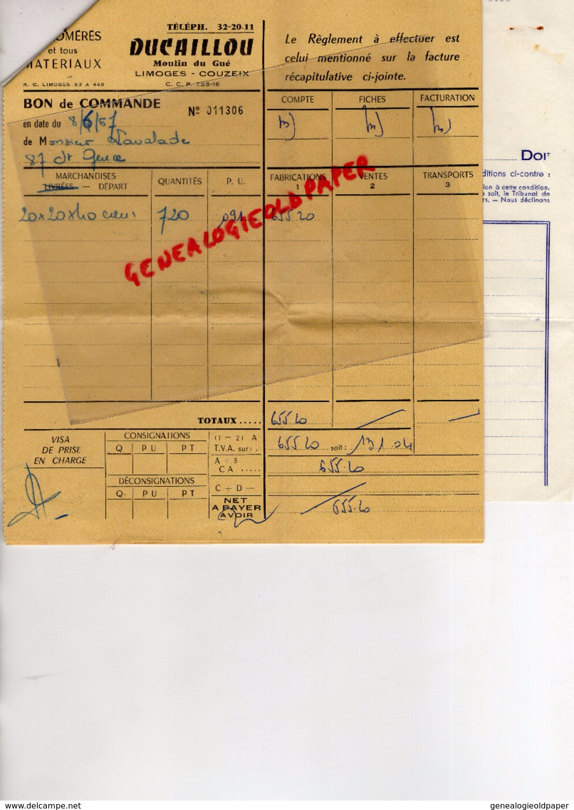 87 - LIMOGES - FACTURE ADRIEN DUCAILLOU - MOULIN DU GUE - FABRICATION AGGLOMERES - 1967 - 1950 - ...