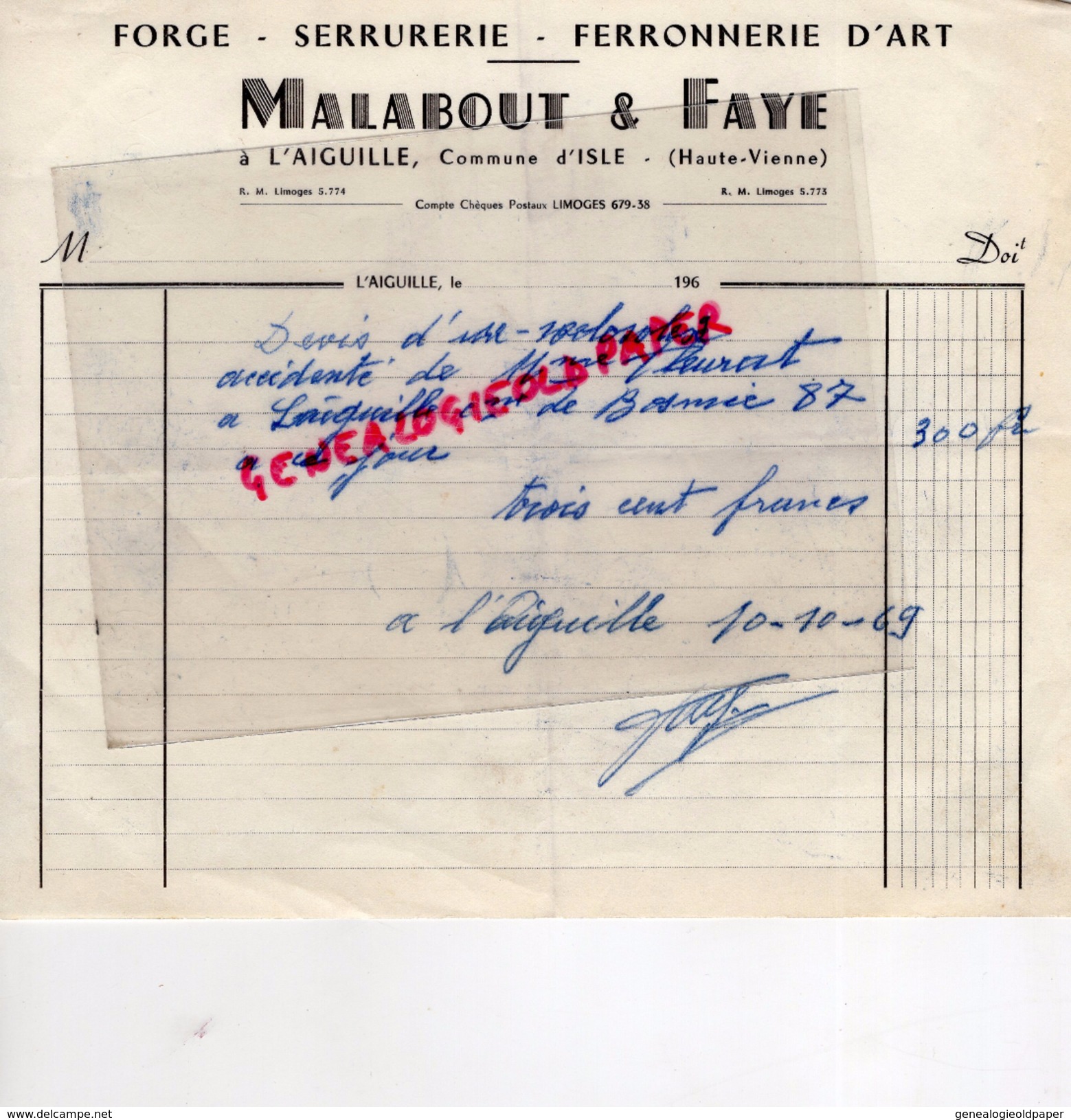 87 - ISLE- L' AIGUILLE - FACTURE MALABOUT & FAYE- FORGE-SERRURERIE-FERRONNERIE D' ART- 1969 - 1950 - ...