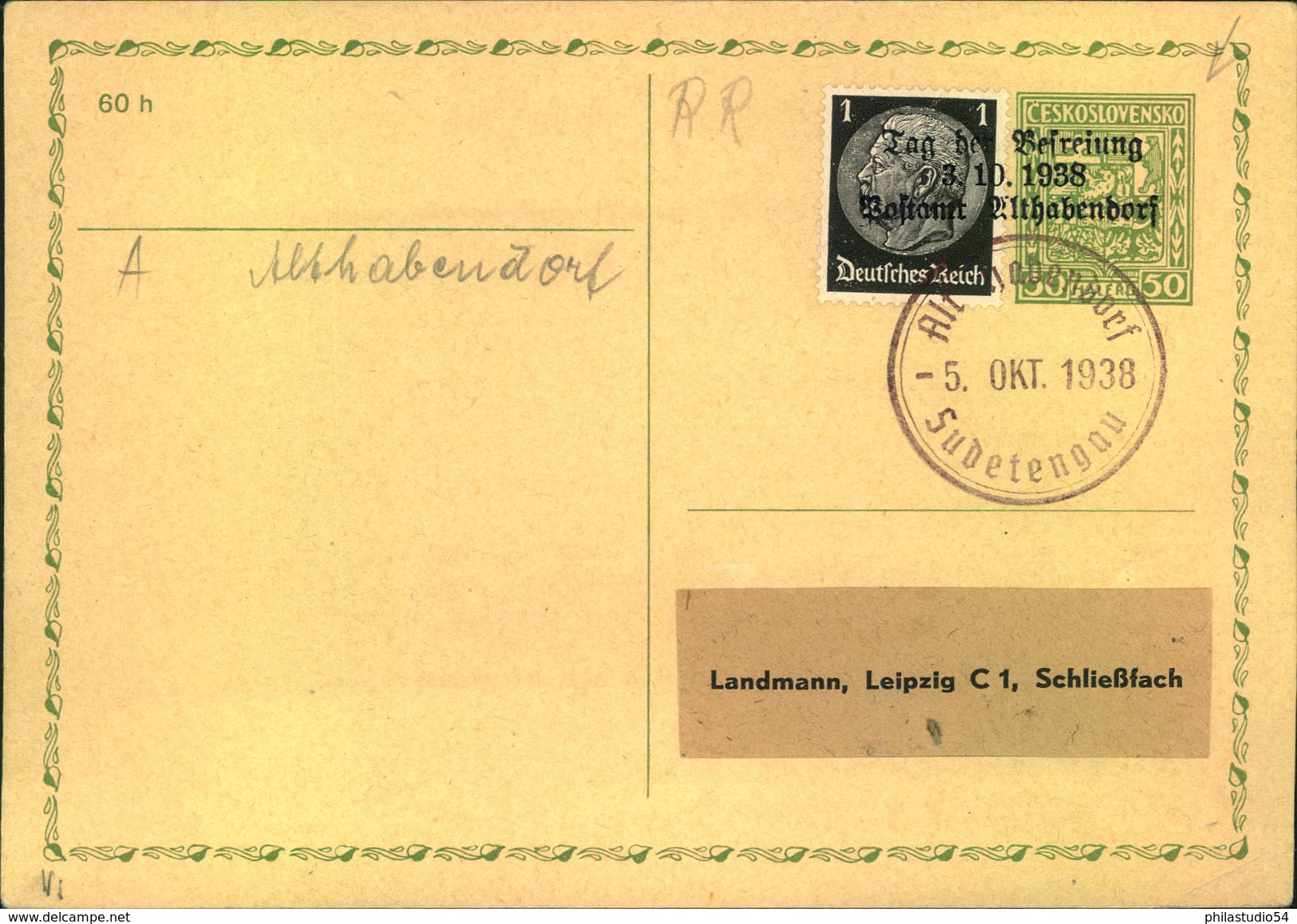 1938, Tschechische Mitläuferkarte Mit 1 Pfg. Hindenburg "Tag Der Befreiung 3.10.1938 Postamt Althabendorf", Blanko - Sudetenland