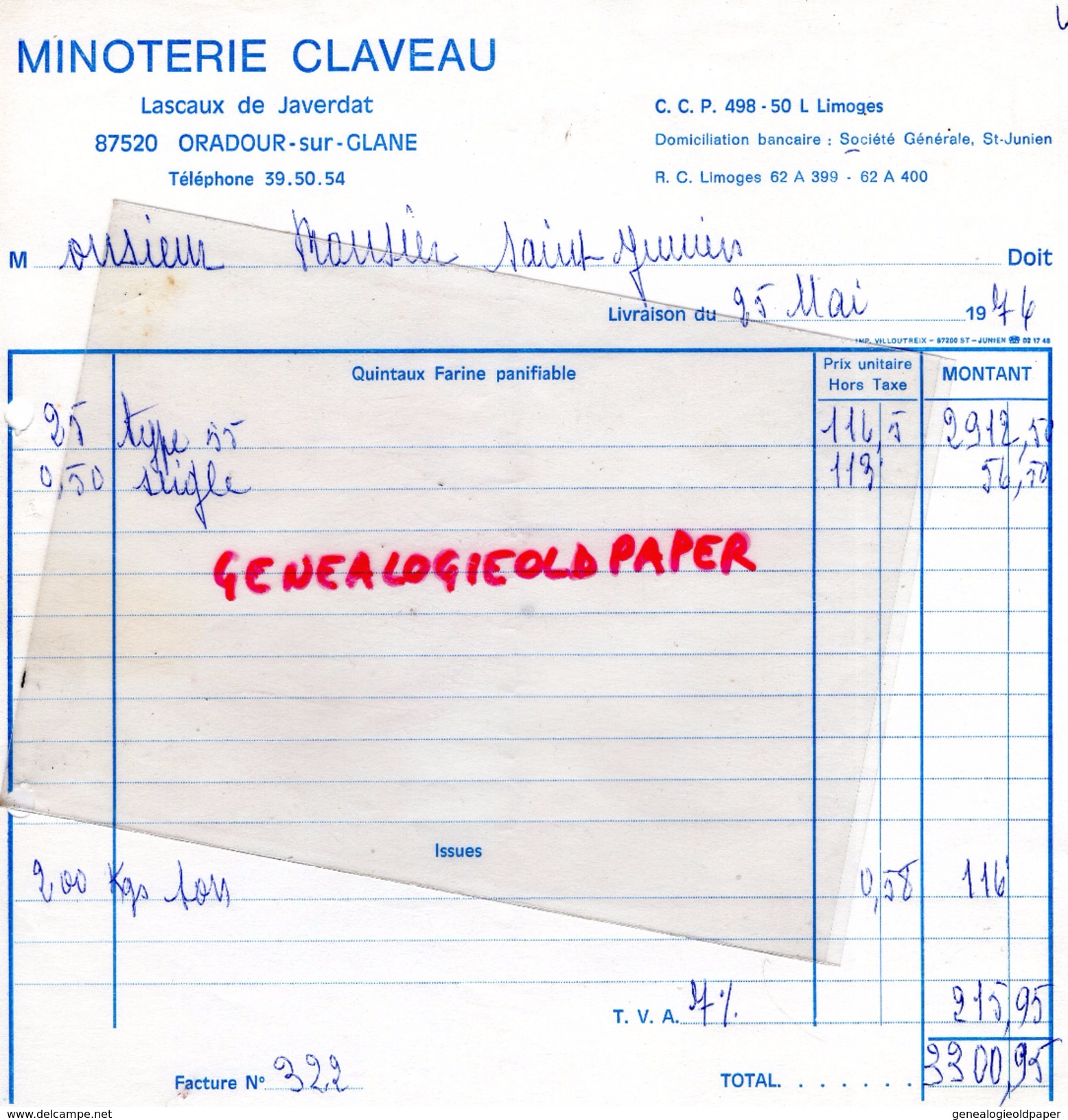 87 - JAVERDAT - ORADOUR SUR GLANE- FACTURE MINOTERIE CLAVEAU A LASCAUX- 1974 - 1950 - ...
