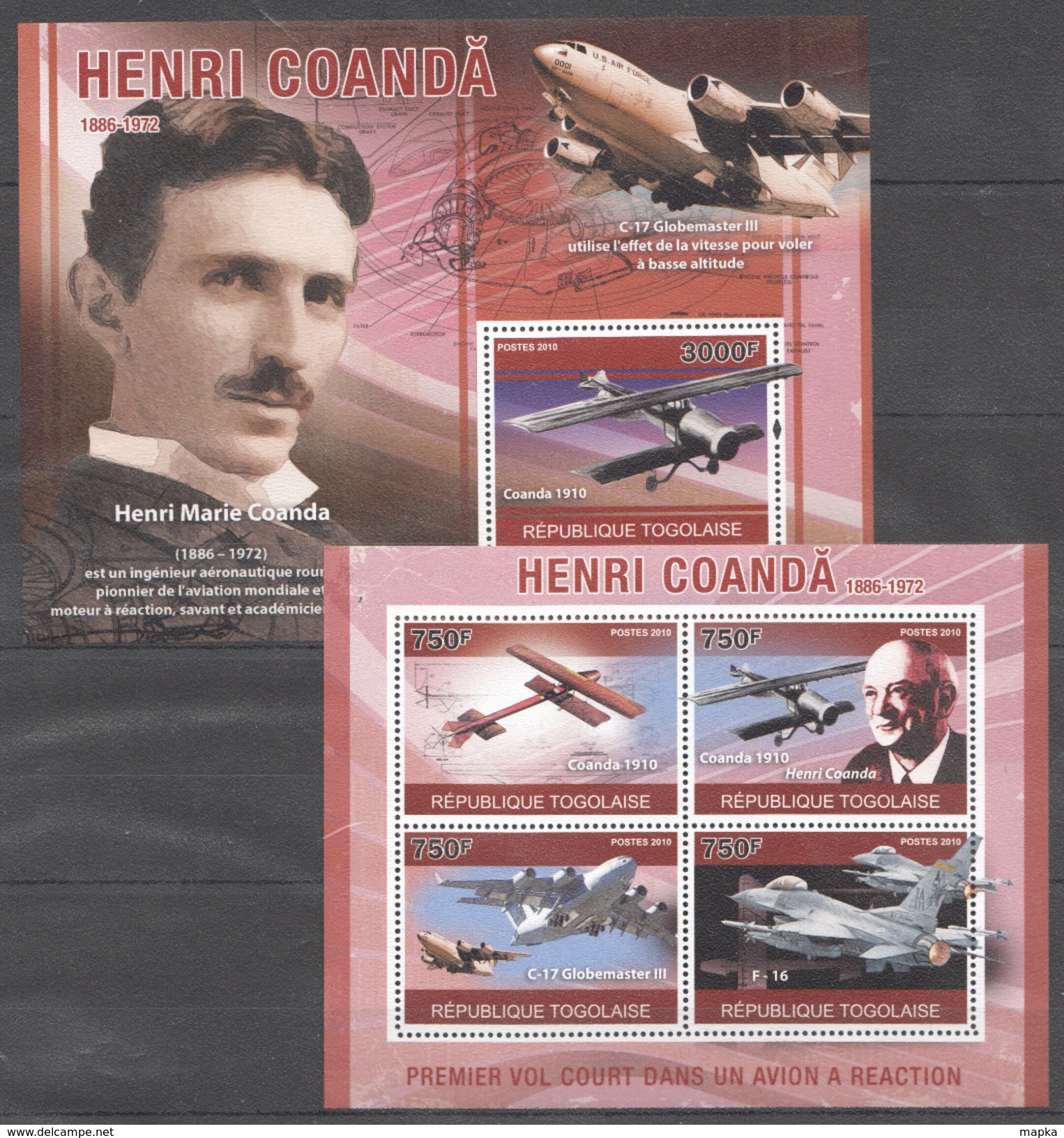 B125 2010 REPUBLIQUE TOGOLAISE AVIATION HENRI COANDA KB+BL MNH - Flugzeuge