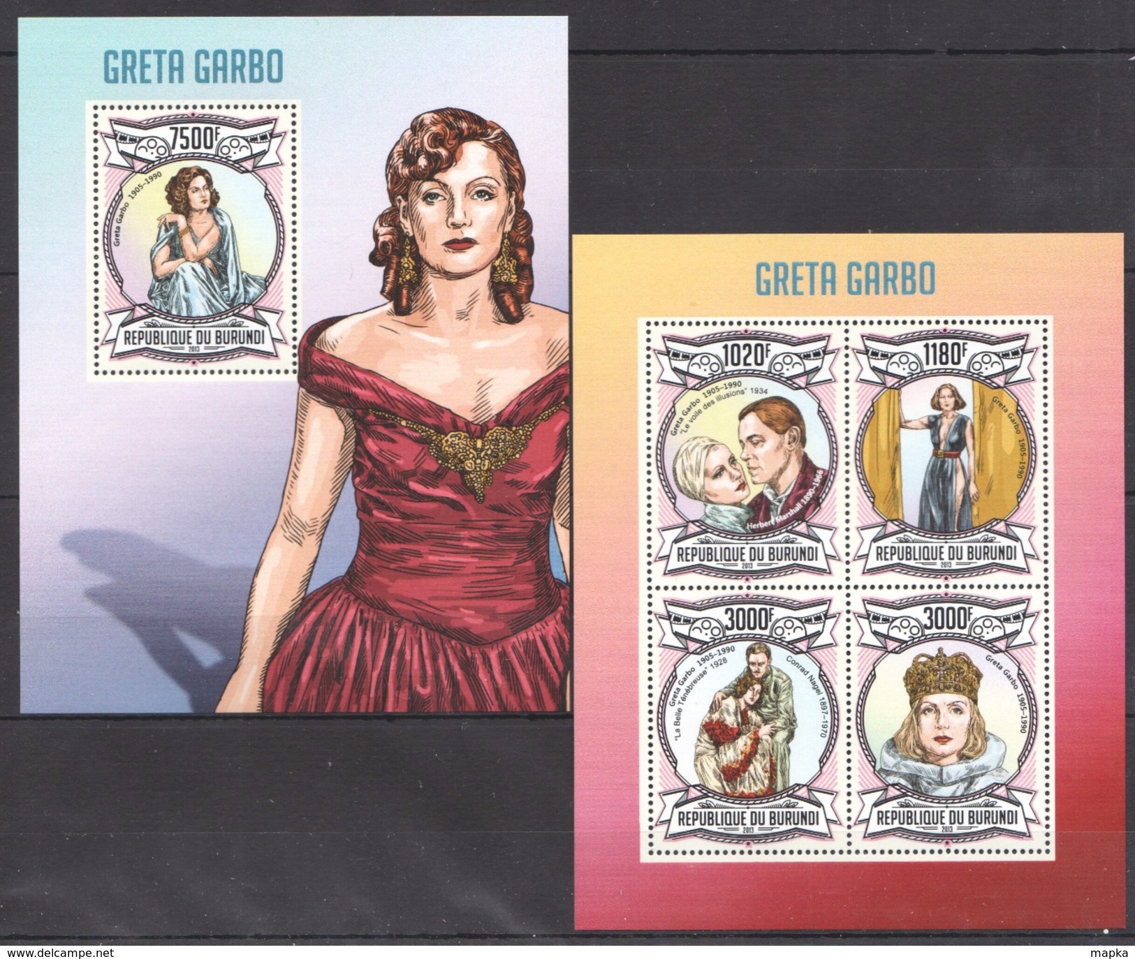 A202 2013 BURUNDI FAMOUS PEOPLE GRETA GARBO 1KB+1BL MNH - Sonstige & Ohne Zuordnung