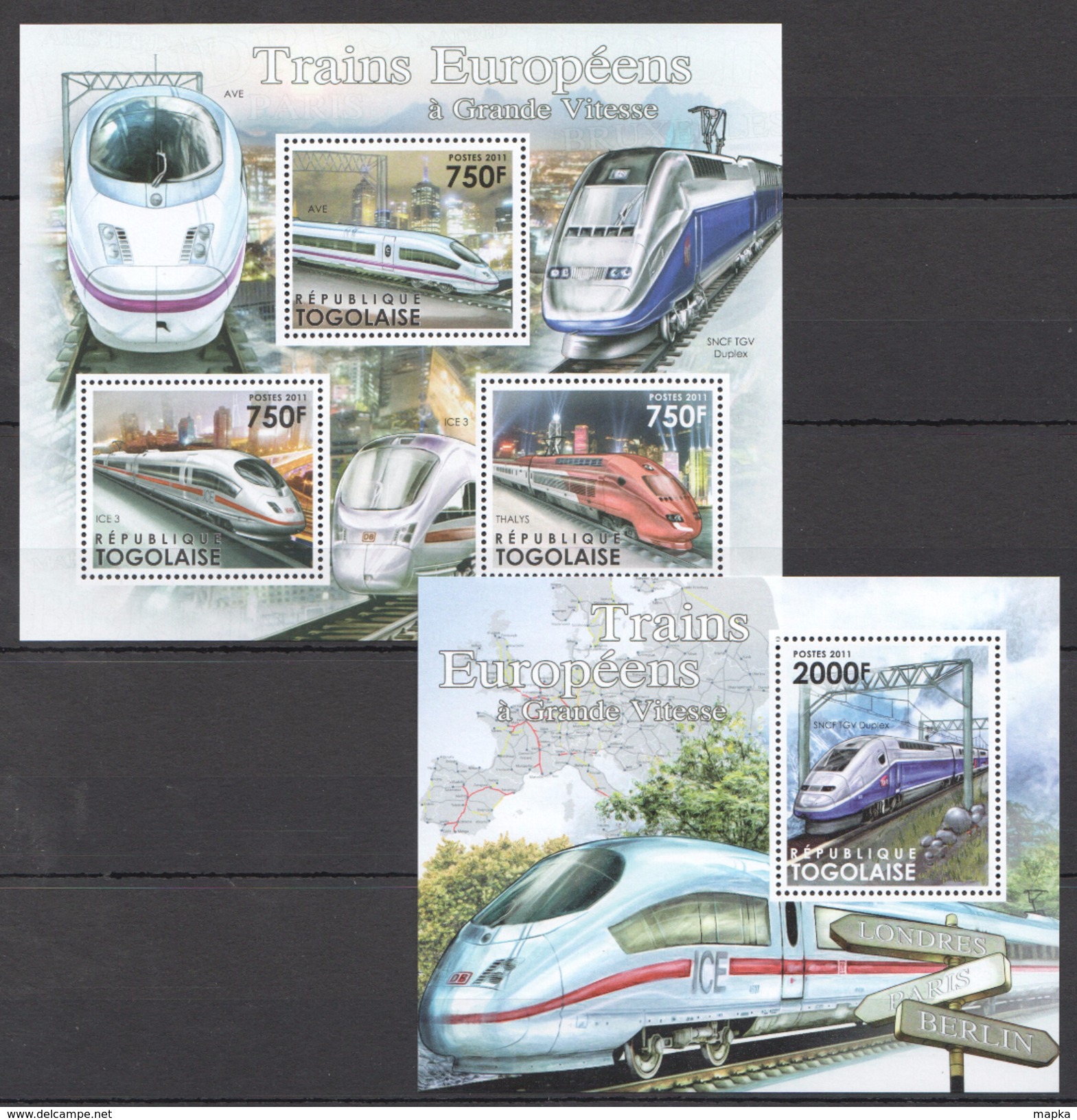 B132 2011 TOGOLAISE TRAINS EUROPEENS A GRANDE VITESSE 1KB+1BL MNH - Eisenbahnen