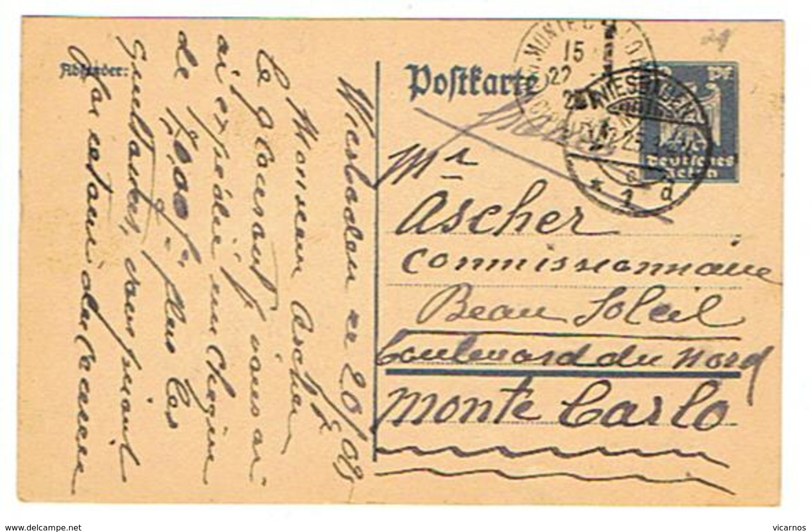 ENTIER POSTAL ALLEMAGNE 20 Pf VIESBADEN Pour Beausoleil FRANCE - Altri & Non Classificati