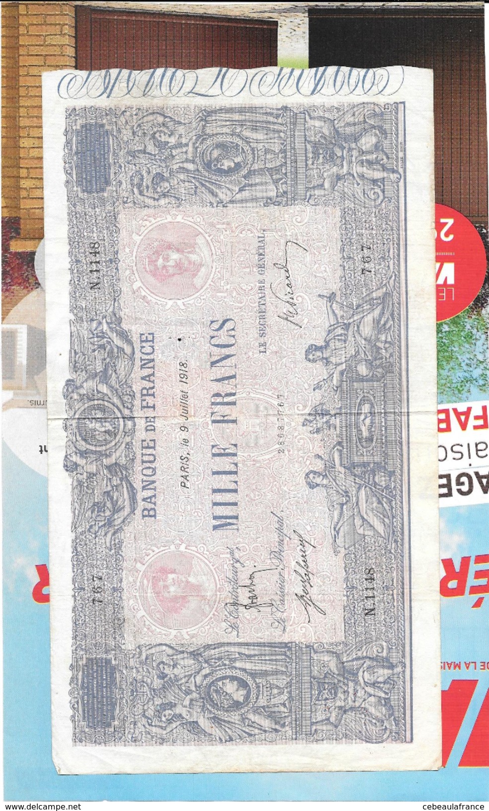 Billet De 1000 Francs-bleu Et Rose 1918- TBE - 1 000 F 1889-1926 ''Bleu Et Rose''