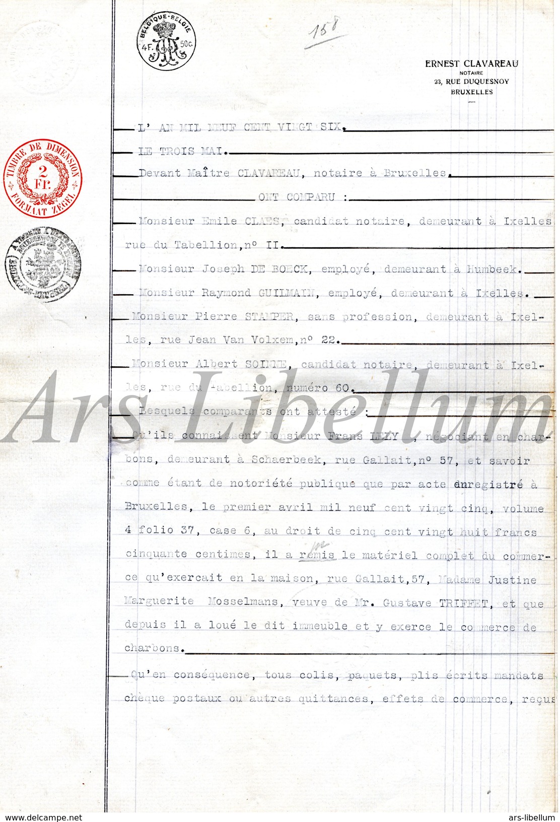 Document Ancien / Acte / Akte / Famille Triffet / Mosselmans / Bruxelles / Notaire Ernest Clavareau / 1926 / 2 Scans - Unclassified