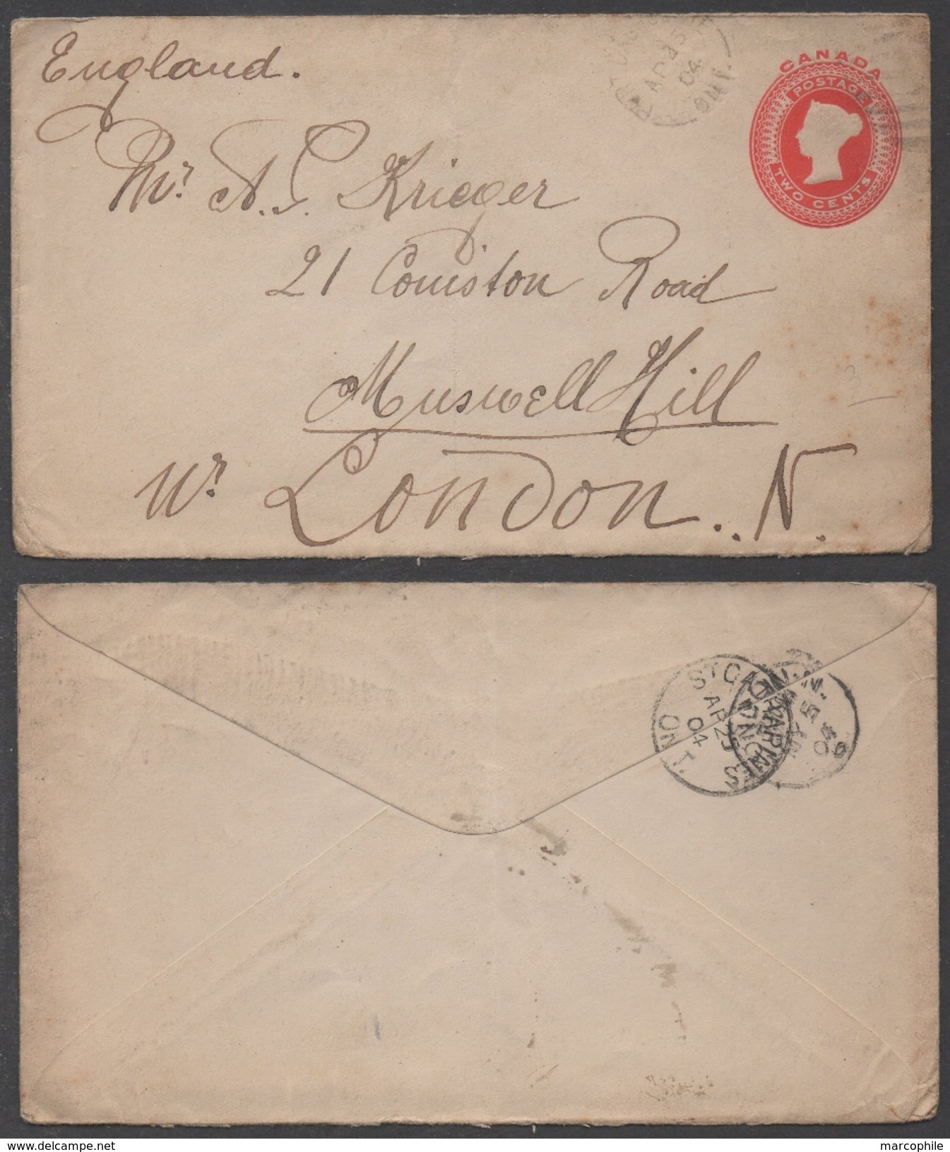 CANADA - QV / 1904  ENTIER POSTAL POUR GB (ref 2679) - 1860-1899 Reinado De Victoria