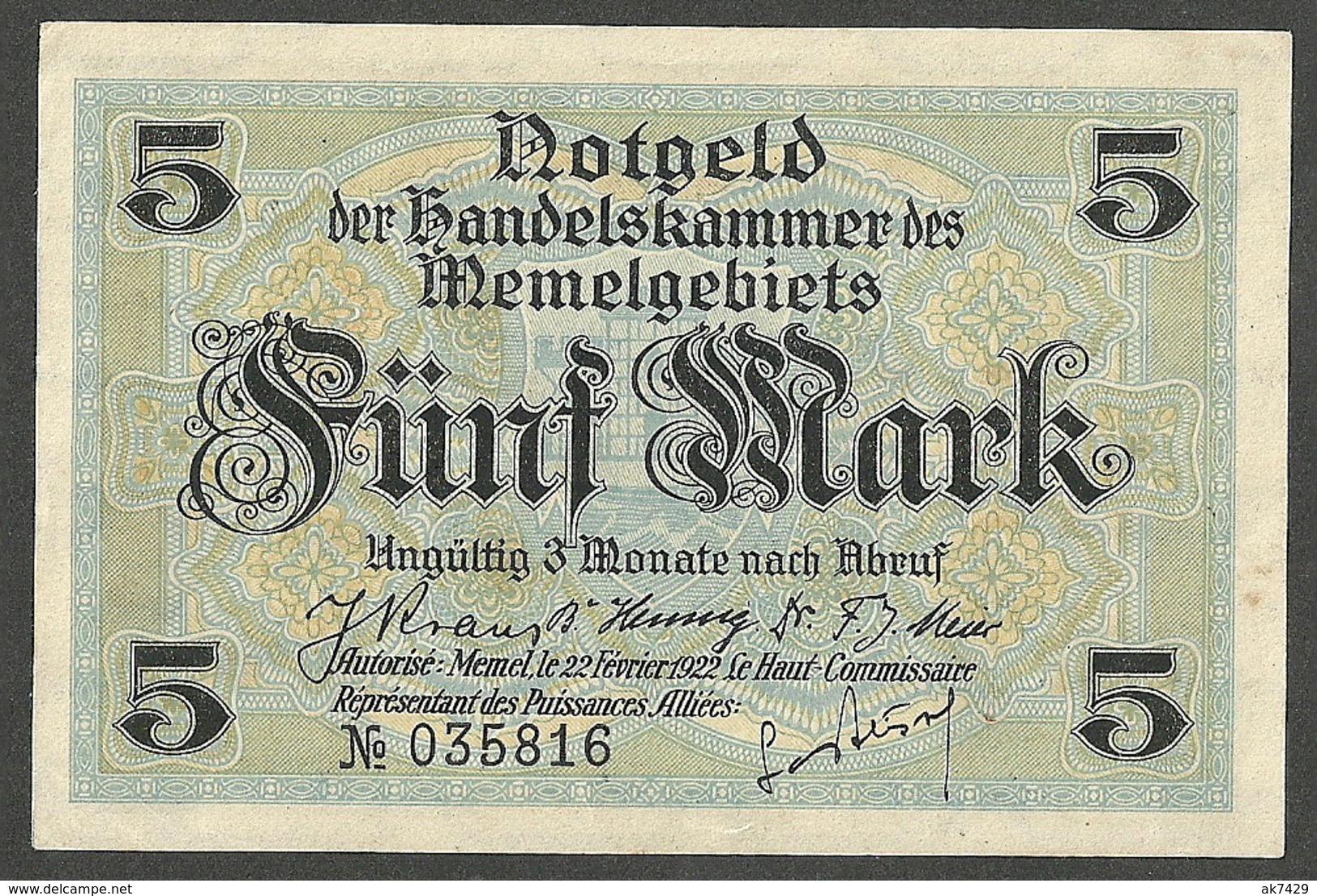 MEMEL / LITHUANIA / GERMANY 5 Mark 1922 PICK#4, Ros.#849 AUNC-UNC BANKNOTE - 1° Guerre Mondiale