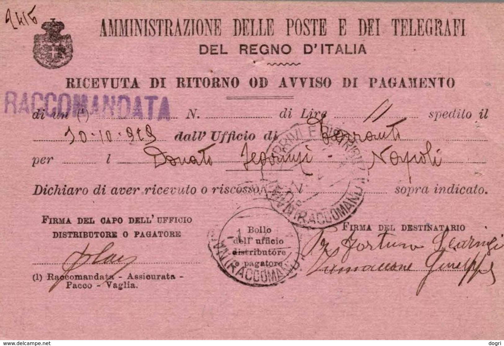 Ricevuta Di Ritorno Raccomandata 31.10.1929  Con 20+30c. Michetti - Storia Postale