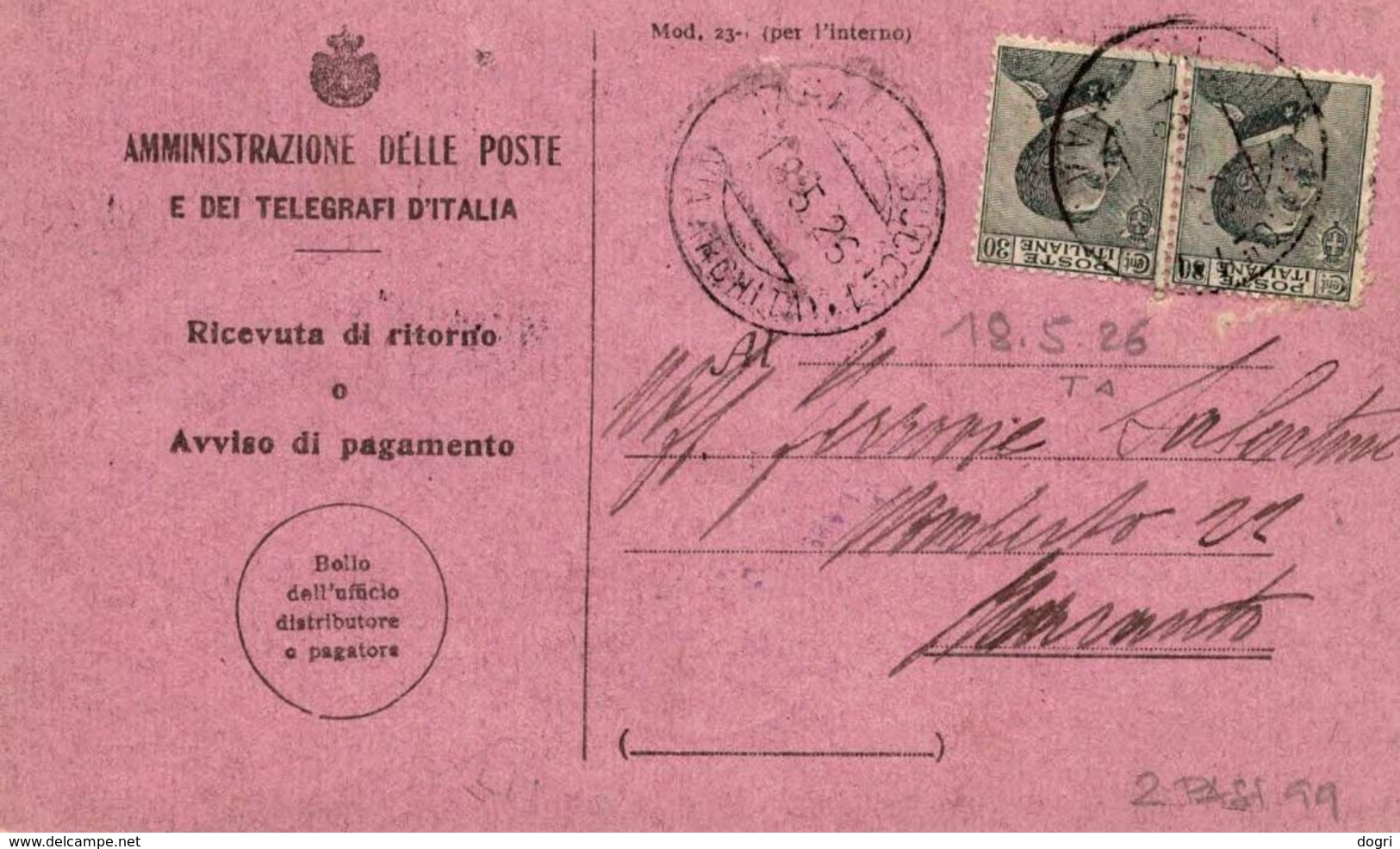 Ricevuta Di Ritorno 18.05.1926  Con  Coppia 30c. Michetti - Storia Postale