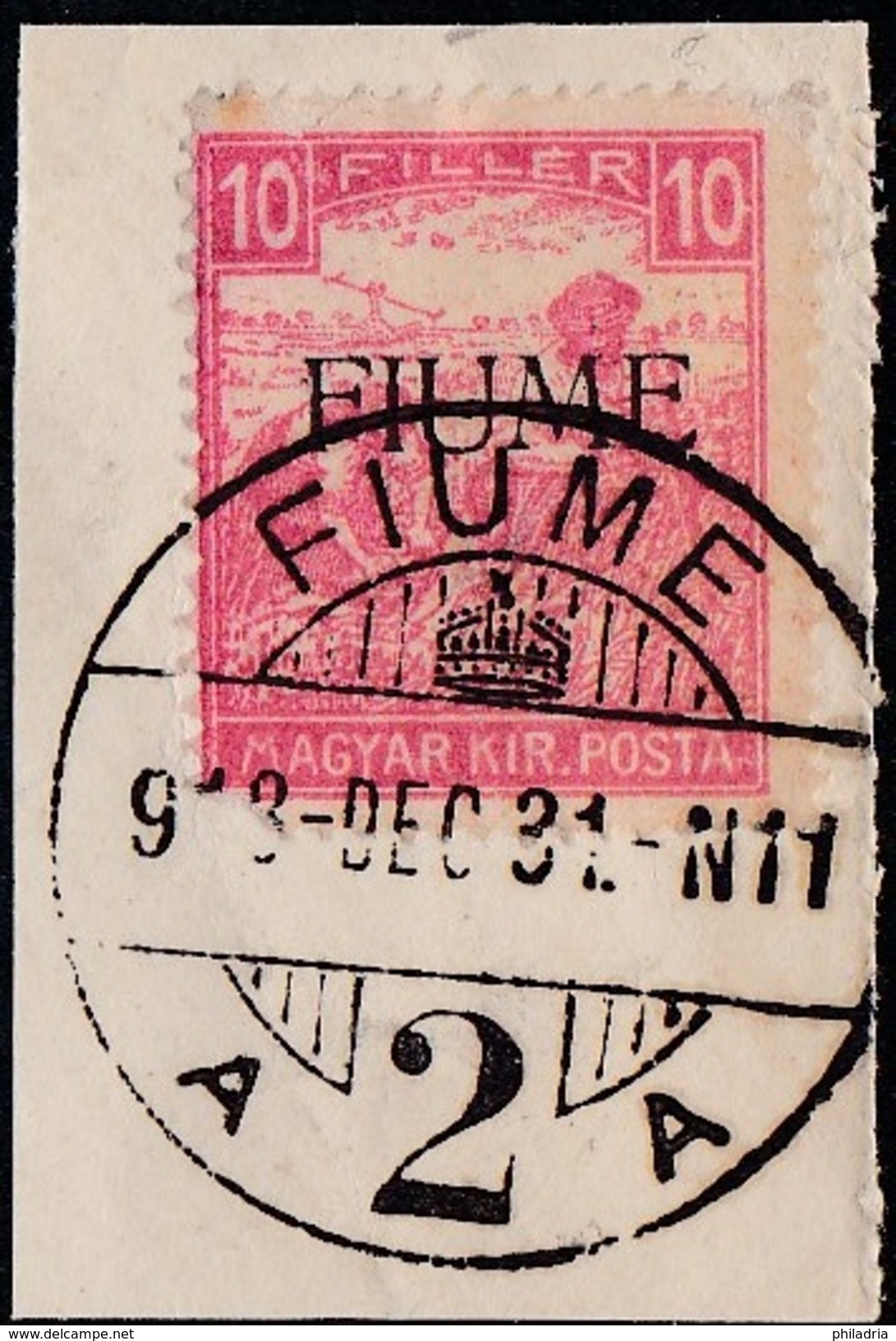 Fiume, 10 Fil, White Numerals, Machine Overprint, On Piece, Stamp Damaged (left Lower Corner Missing), Signed Rogina - Fiume