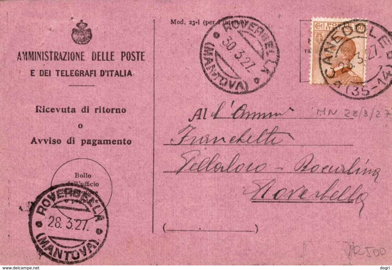 Ricevuta Di Ritorno 30.03.1927 Canedole Fraz. 35-14 Per Roverdella Con  50c. Michetti Isolato - Storia Postale