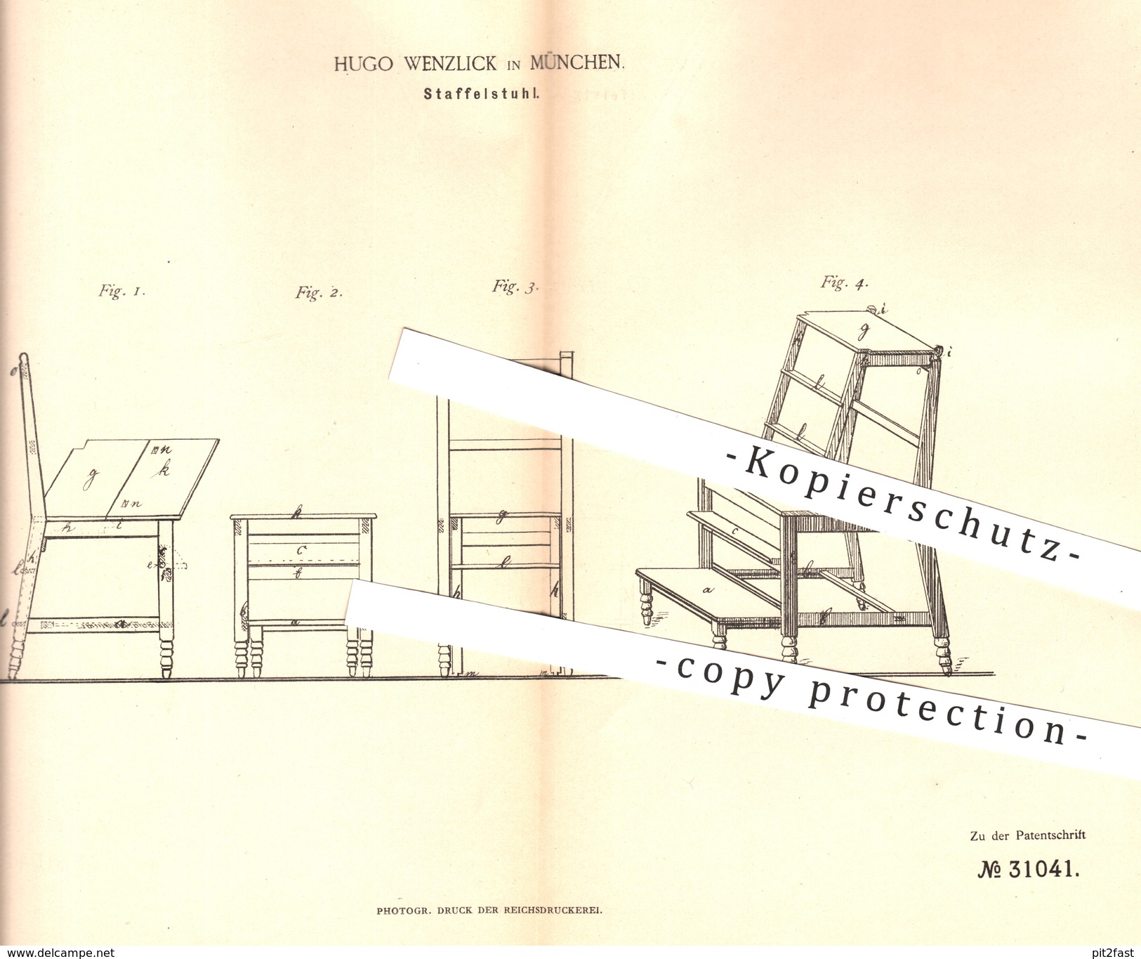 Original Patent - Hugo Wenzlick , München , 1884 , Staffelstuhl | Stuhl , Stühle , Leiter , Fußbank , Bank , Möbel !!! - Historische Dokumente