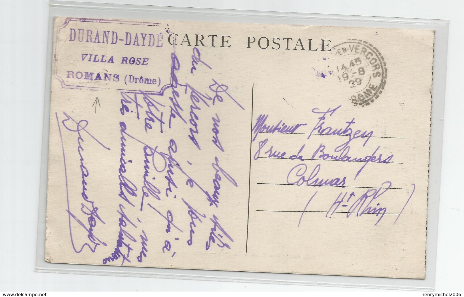 26 Drome -cachet  Romans  Villa Rose Durand Daydé 1939 - Romans Sur Isere