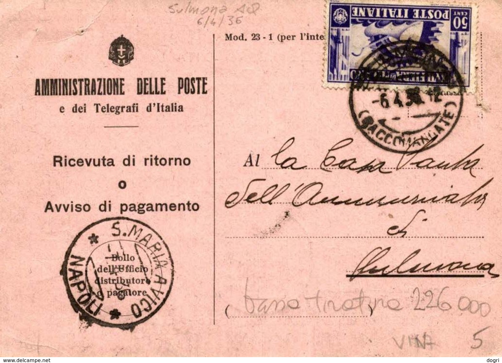 Ricevuta Di Ritorno 06.04.1936 Con  50c. Fiera Di Milano Sass. 396 Isolato - Storia Postale