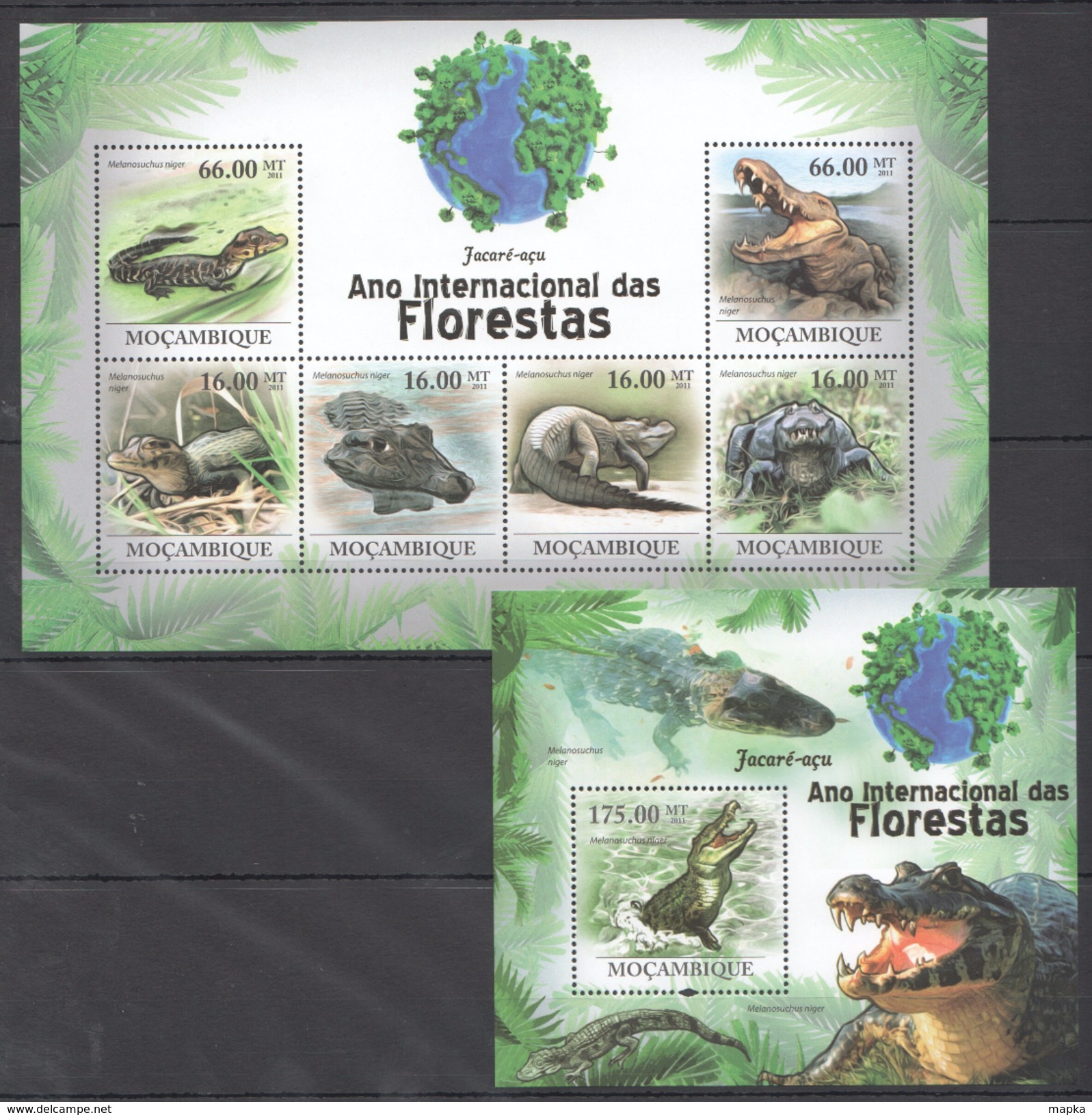 B195 2011 MOCAMBIQUE FAUNA DAS FLORESTAS REPTILES CROCODILES JACARE-ACU KB+BL MNH - Sonstige & Ohne Zuordnung