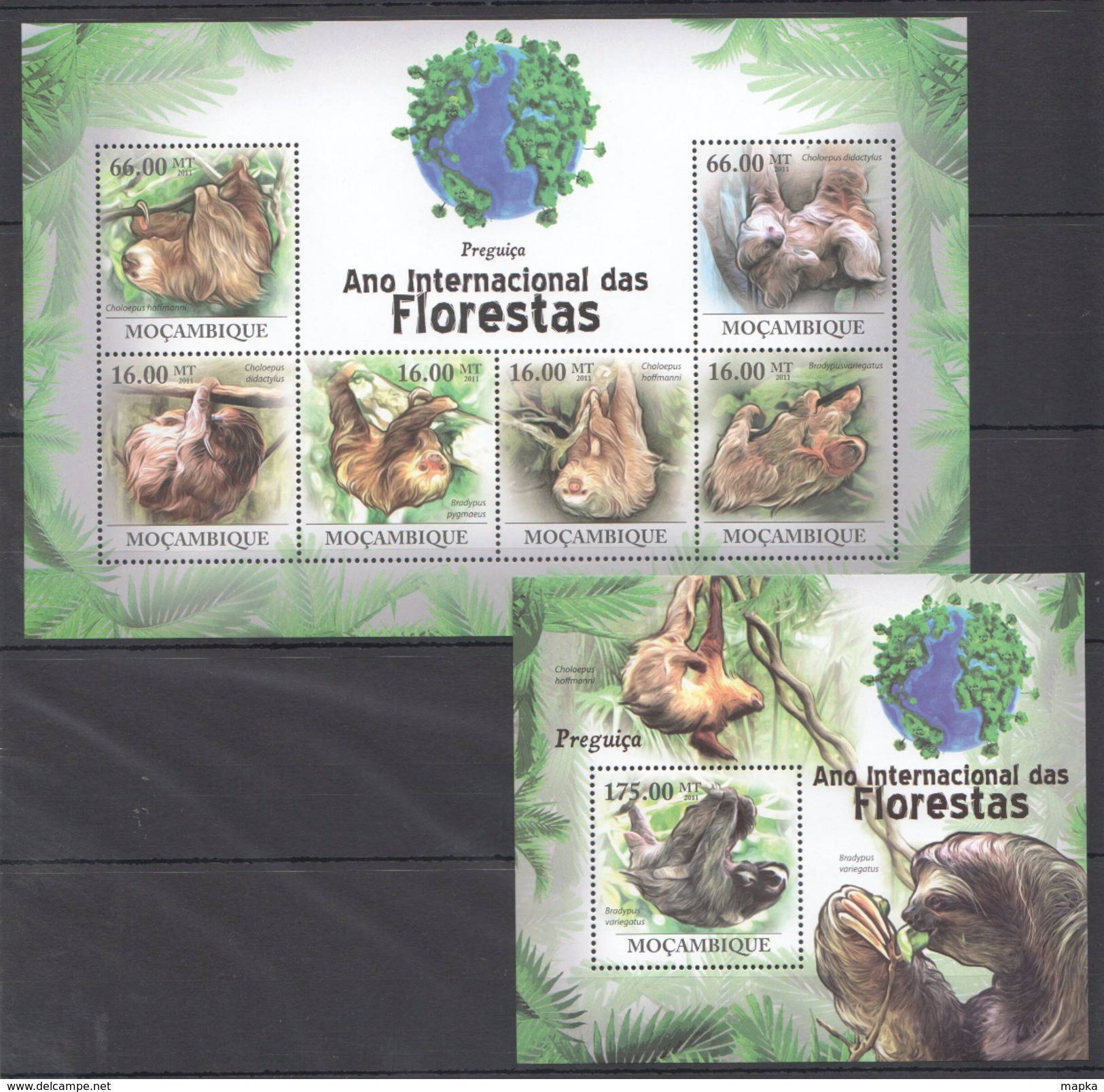 B203 2011 MOCAMBIQUE FAUNA DAS FLORESTAS ANIMALS PREGUICA 1KB+1BL MNH - Affen