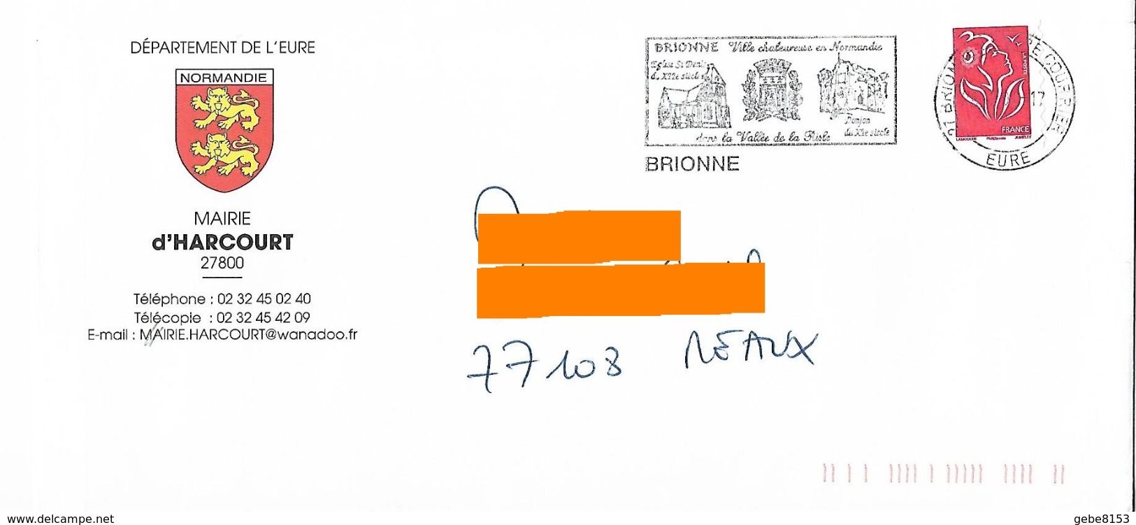 Enveloppe Illustrée Mairie D'Harcourt Eure + Flamme Brionne Blason Armoiries Lion Löwe église Church Kirche - Raubkatzen