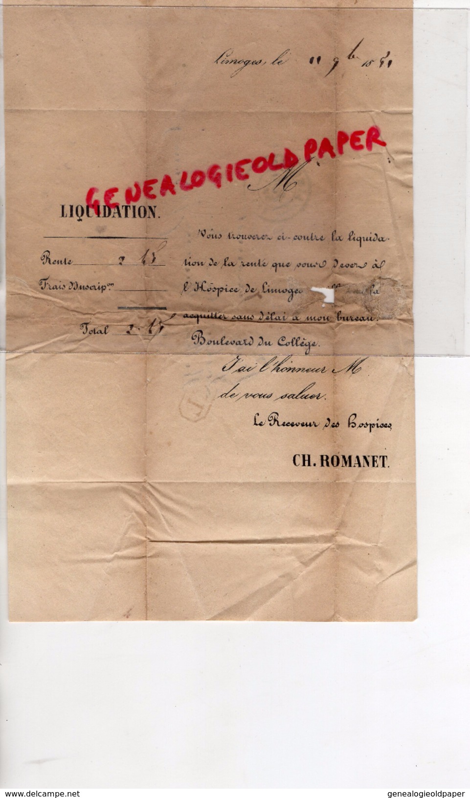 87 -RILHAC RANCON -LETTRE 1851-PIERRE JOUANNET RECU DE LIQUIDATION DE RENTE HOSPICE DE LIMOGES- LE RECEVEUR CH. ROMANET- - 1800 – 1899