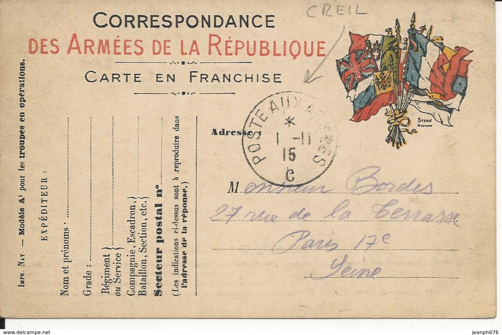 "poste Aux Armées C" 1.11.15" Bureau Frontière De Creil Sur Cpfm Mod A1 (complaisance) - 1. Weltkrieg 1914-1918