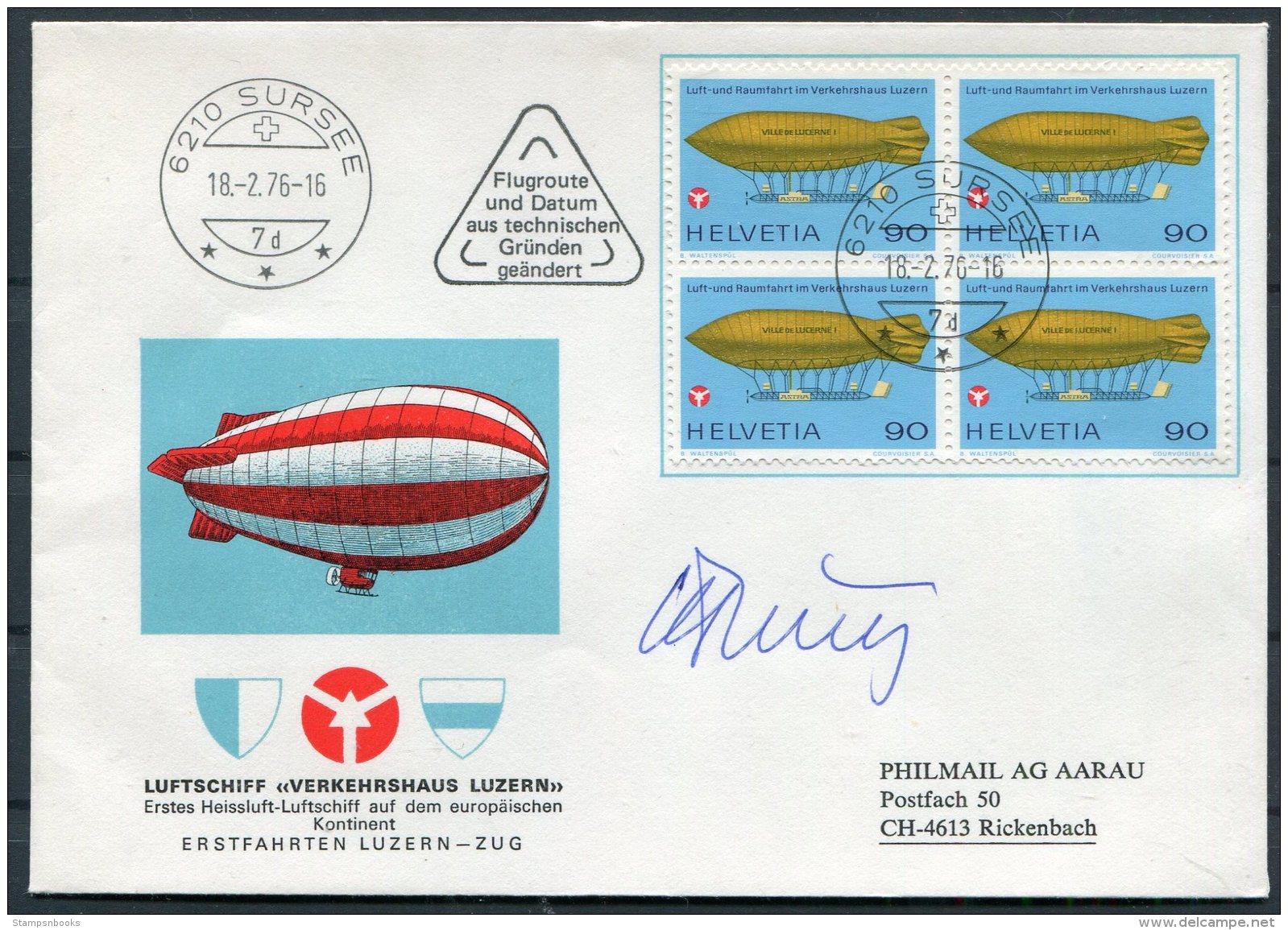 1976 Switzerland Luftschiff Verkehrshaus Luzern Cover Sursee Signed - Covers & Documents