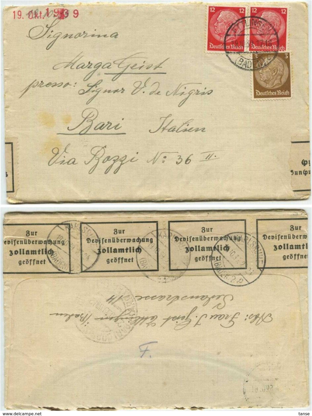 GERMANIA TERZO REICH - 1939 Da Ettlingen (Baden) A Bari - CENSURA - Con Contenuto - Storia Postale