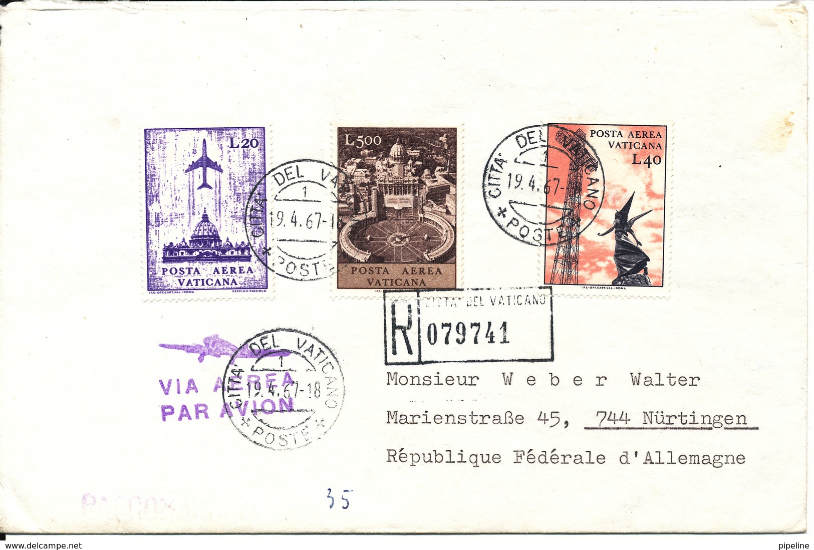 Vatican Registered Cover Sent To Germany 19-4-1967 - Covers & Documents