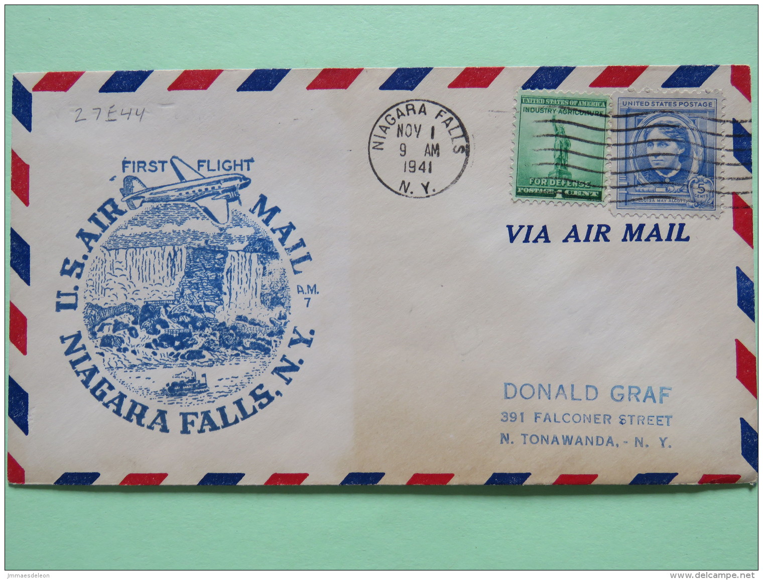 USA 1941 First Flight Cover Niagara Falls To Tonawanda - Luisa May Alcott - For Defense Stamp Statue Of Liberty - Plane - Brieven En Documenten