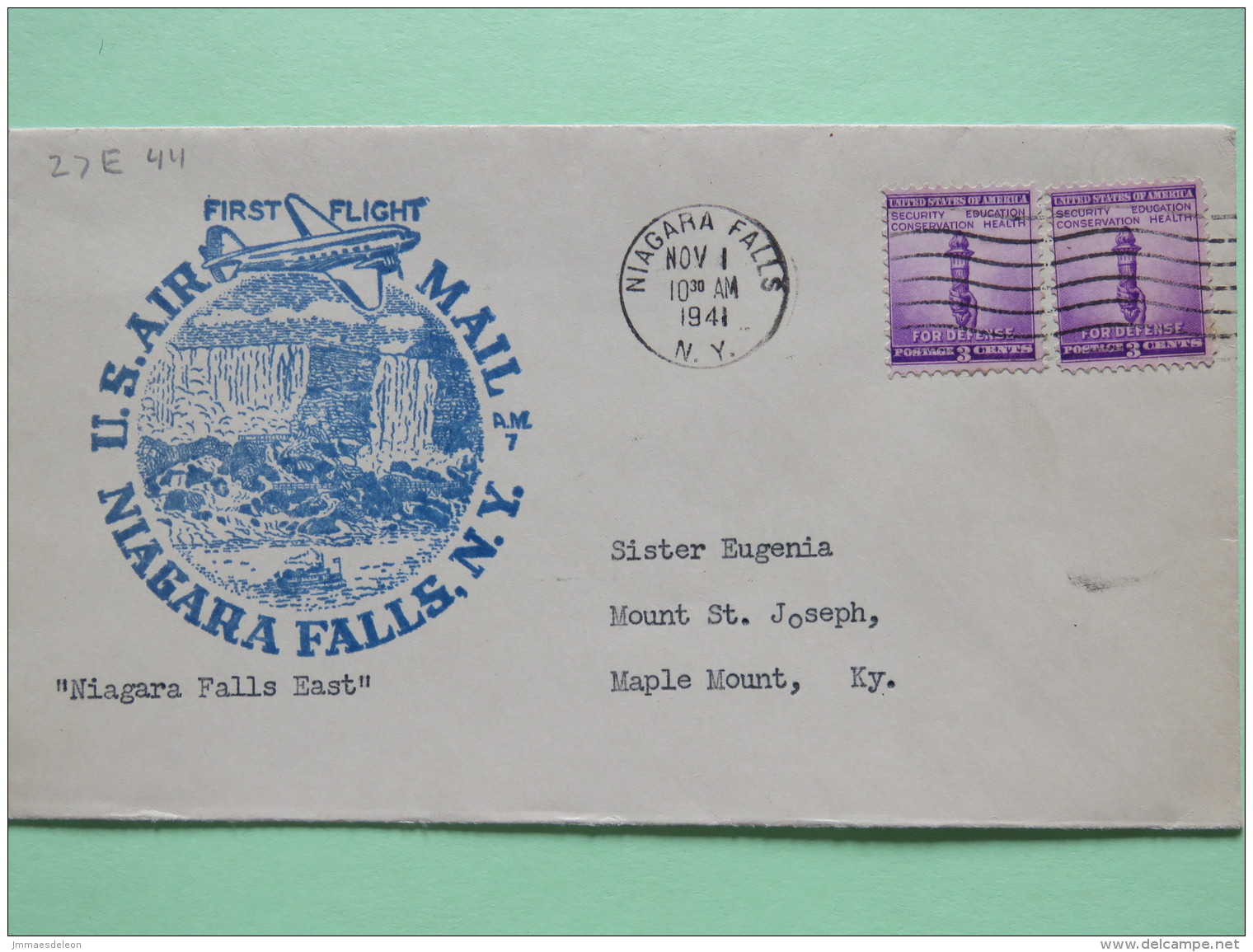 USA 1941 First Flight Cover Niagara Falls To Maple Mount - For Defense Stamp Torch - Plane - Lettres & Documents