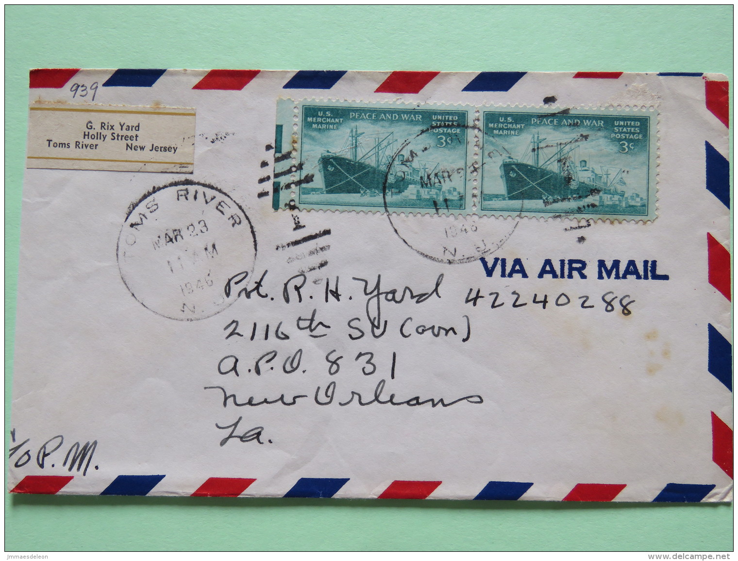 USA 1946 Air Mail Cover Toms River To New Orleans - Army APO 831 - Merchant Marine Ship - Covers & Documents