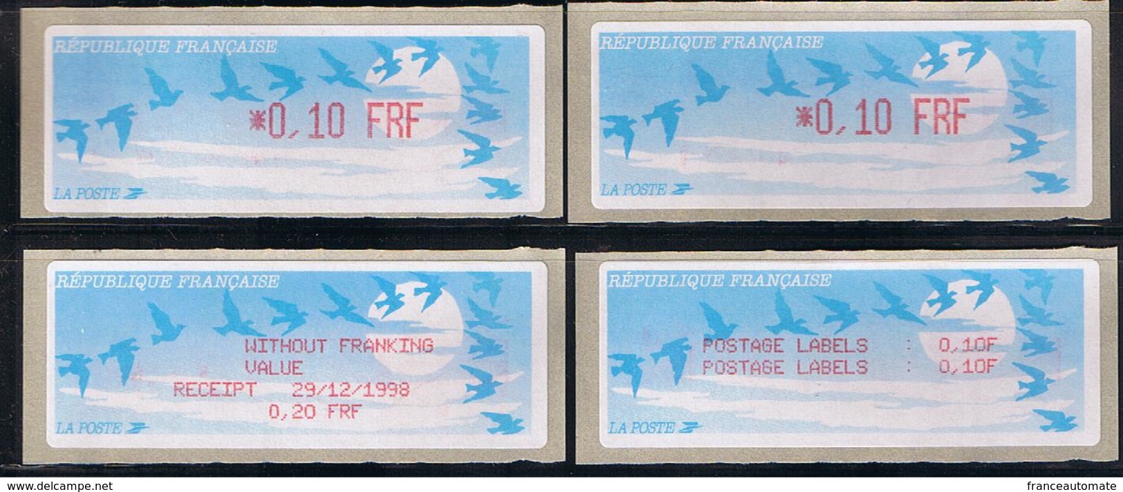 ATMS, LISA1, FRF, OISEAUX DE JUBERT, 0.10, Avec Reçu FRF Et VIGNETTE En Anglais. Programme De La Préparation à L'Euro. - 1990 « Oiseaux De Jubert »