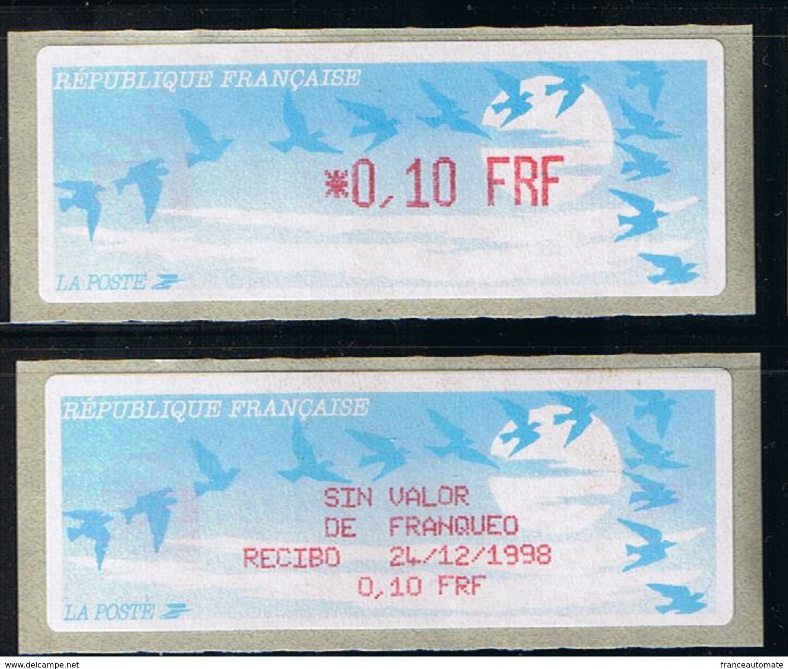 ATMS, LISA1, FRF, OISEAUX DE JUBERT, 0.10, Avec Reçu FRF En Espagnol. Programme De La Préparation à L'Euro. - 1990 Type « Oiseaux De Jubert »