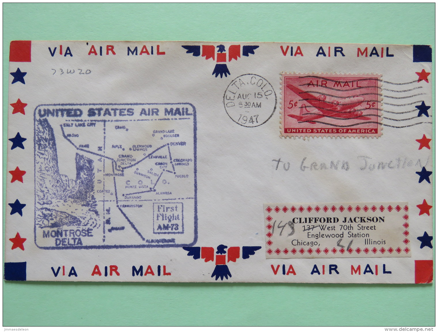 USA 1947 First Flight Cover Delta To Chicago - Plane - Map - Lettres & Documents