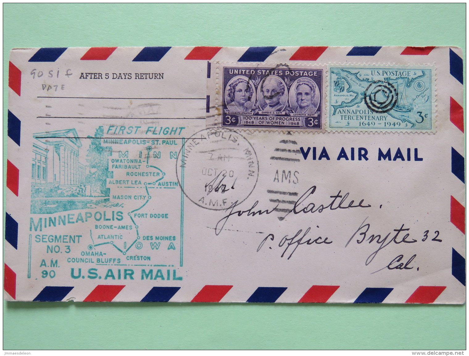 USA 1947 First Flight Cover Minneapolis - (Omaha Back Cancel) To Bryte - Ship Map Women Stanton Catt Mott - Lettres & Documents