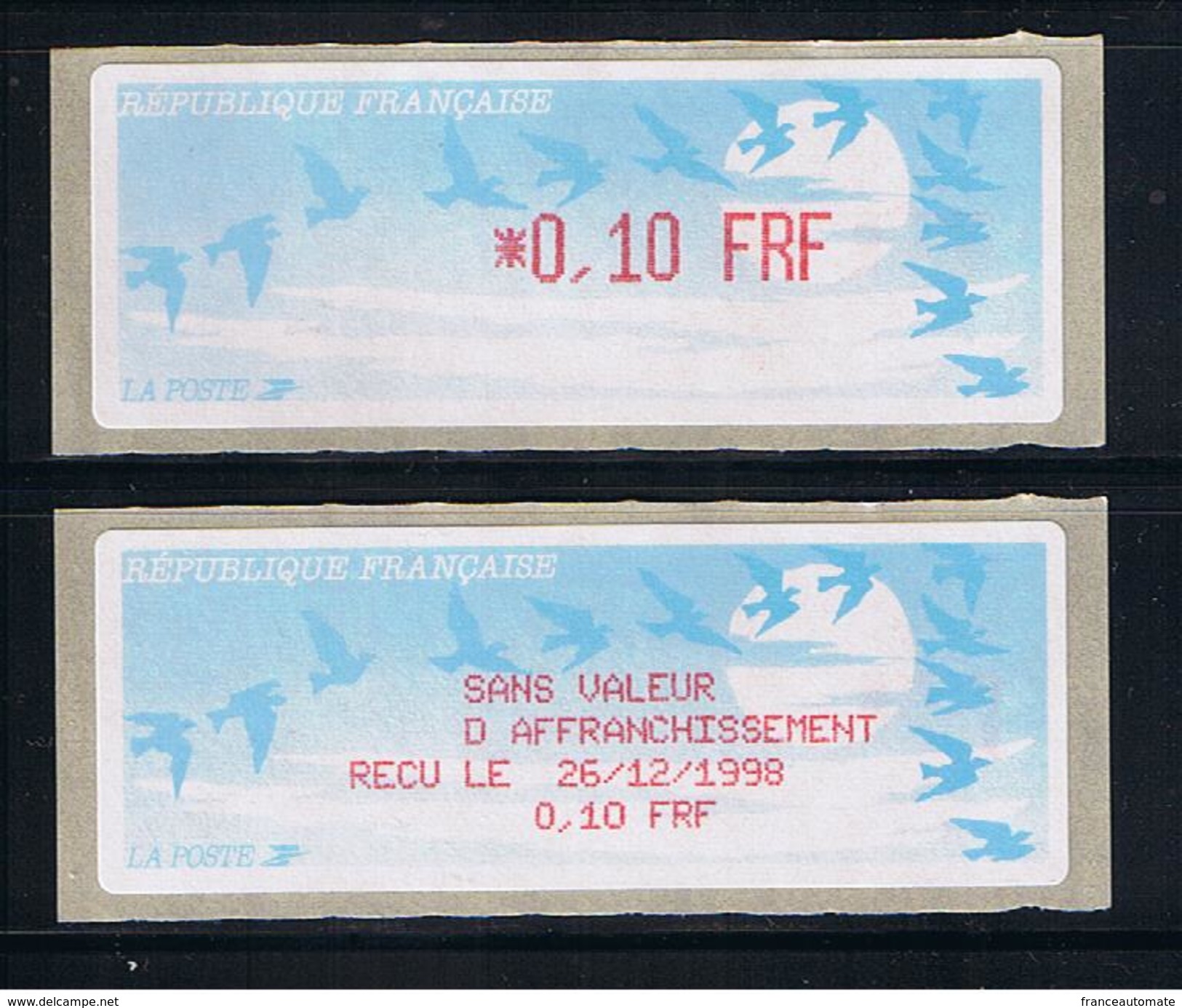 ATMS, LISA1, FRF, OISEAUX DE JUBERT, 0.10, Avec Reçu FRF En Français. Programme De La Préparation à L'Euro. - 1990 Type « Oiseaux De Jubert »