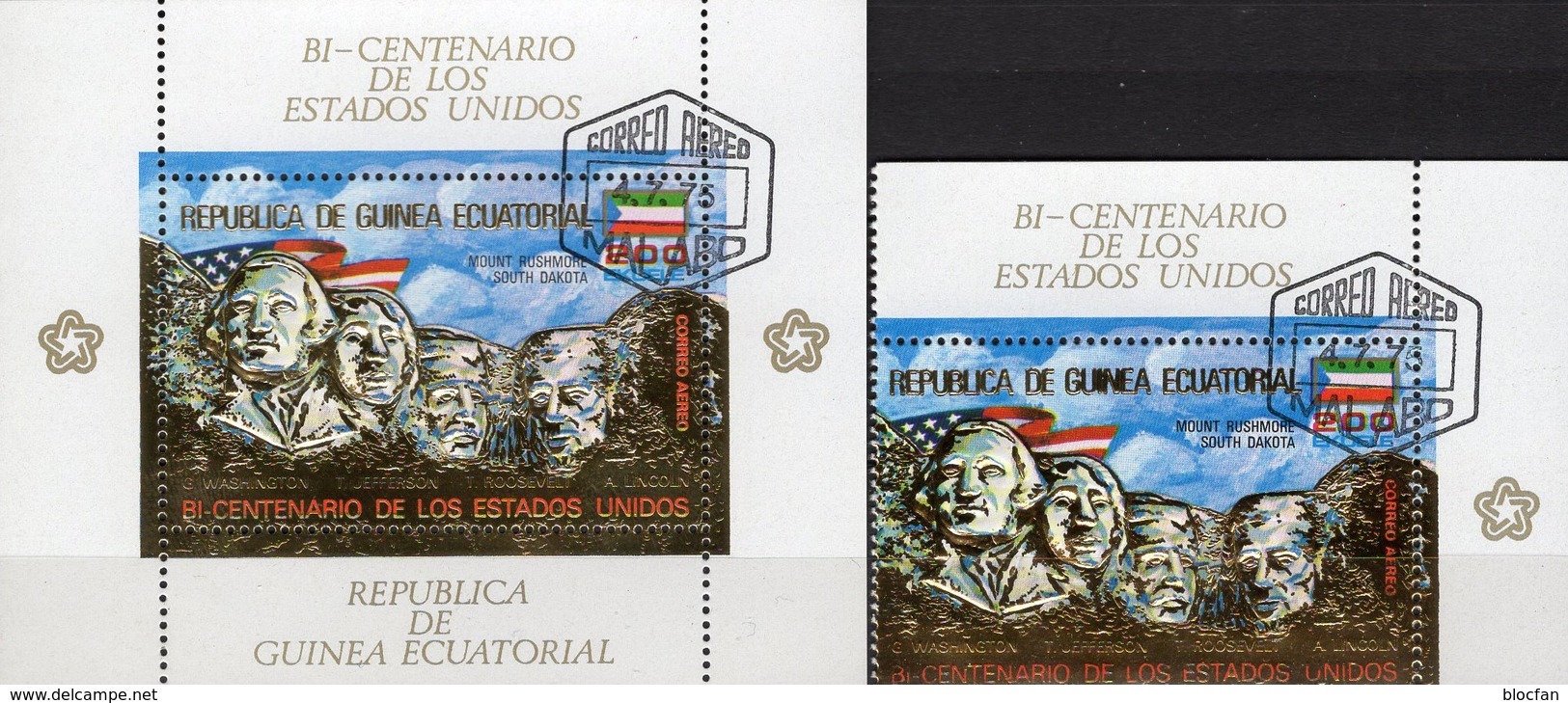 Denkmal Rushmore 1976 Äquator.Guinea 620+Block 179 O 15&euro; Jefferson Roosevelt Bloc S/s Gold Sheet M/s Equator.Africa - Denkmäler